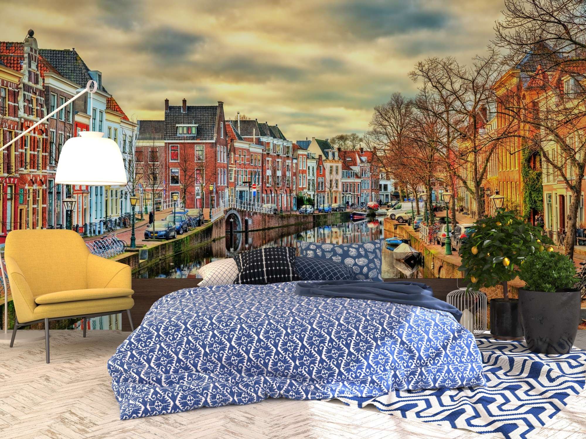 Fotobehang Amsterdam Gracht met Kleurrijke Gevels