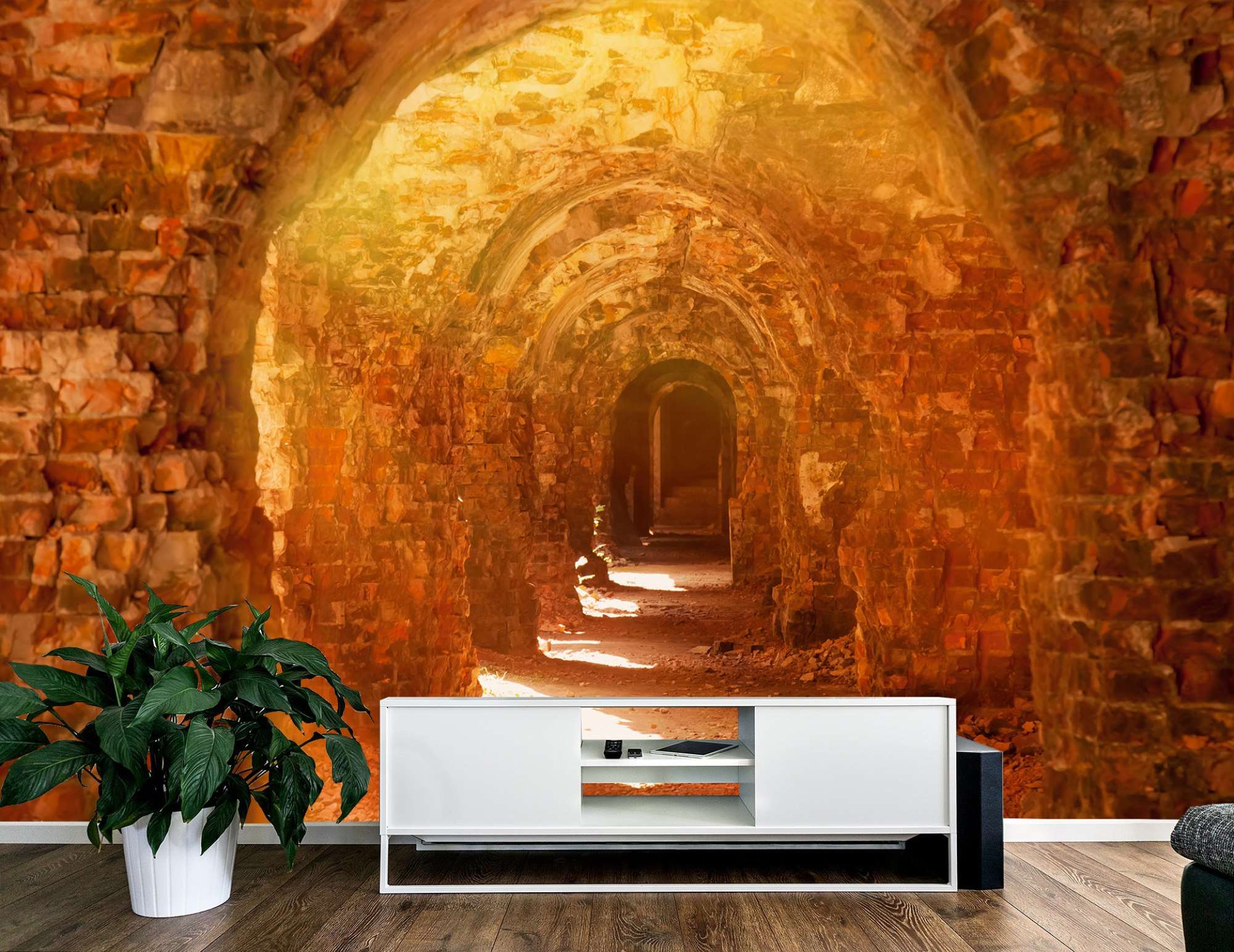 Fotobehang Bakstenen Tunnel met Gouden Licht