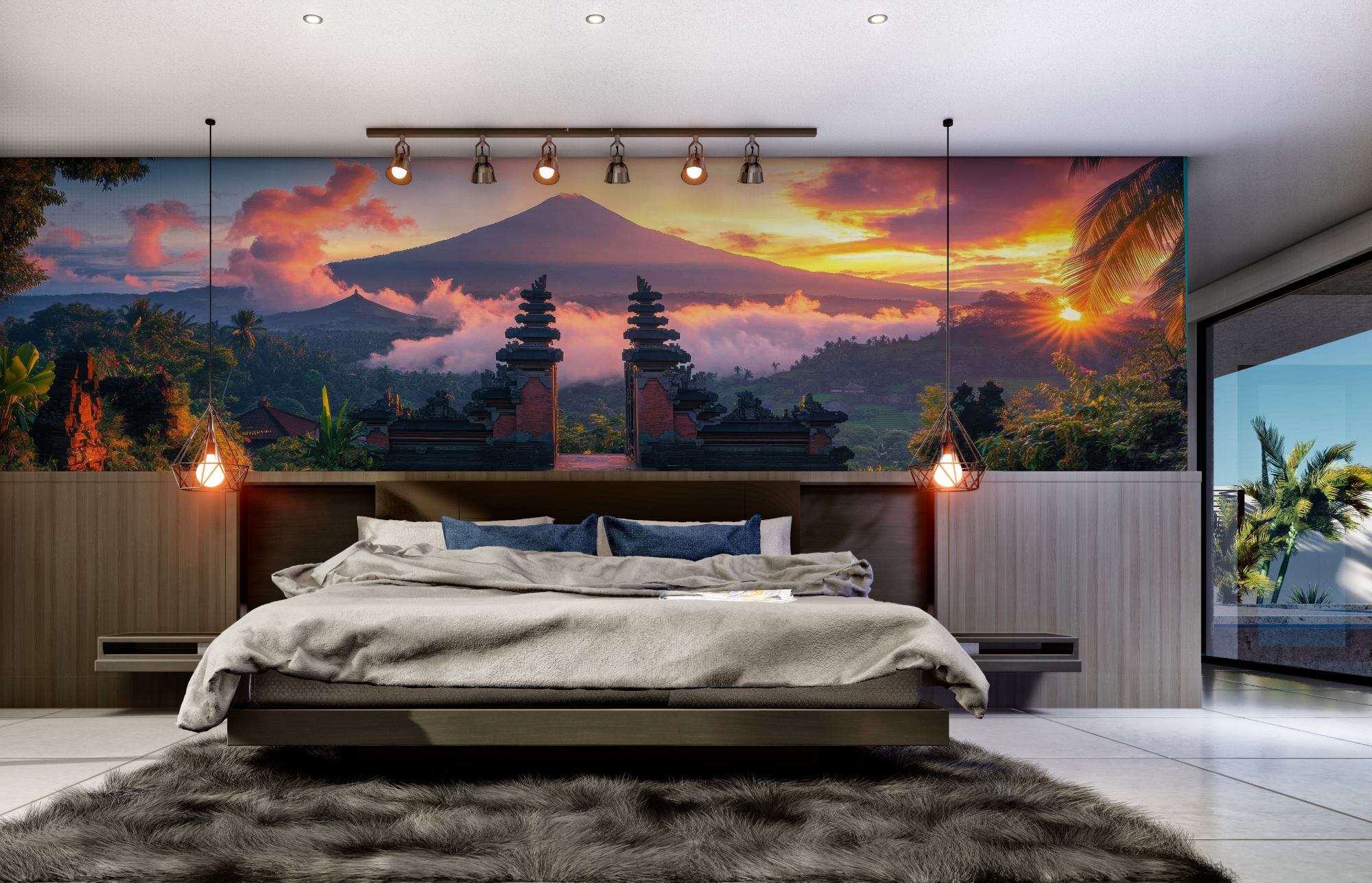 Fotobehang Balinese Tempelpoort met Vulkaan bij Zonsopkomst