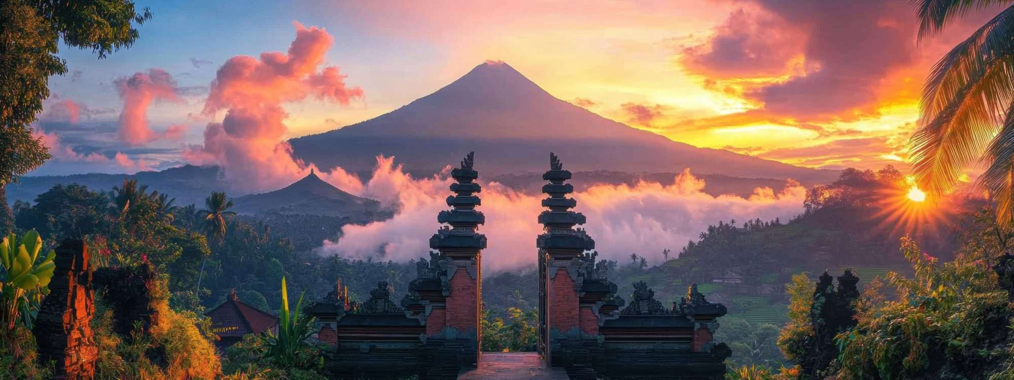 Fotobehang Balinese Tempelpoort met Vulkaan bij Zonsopkomst - Afbeelding 2