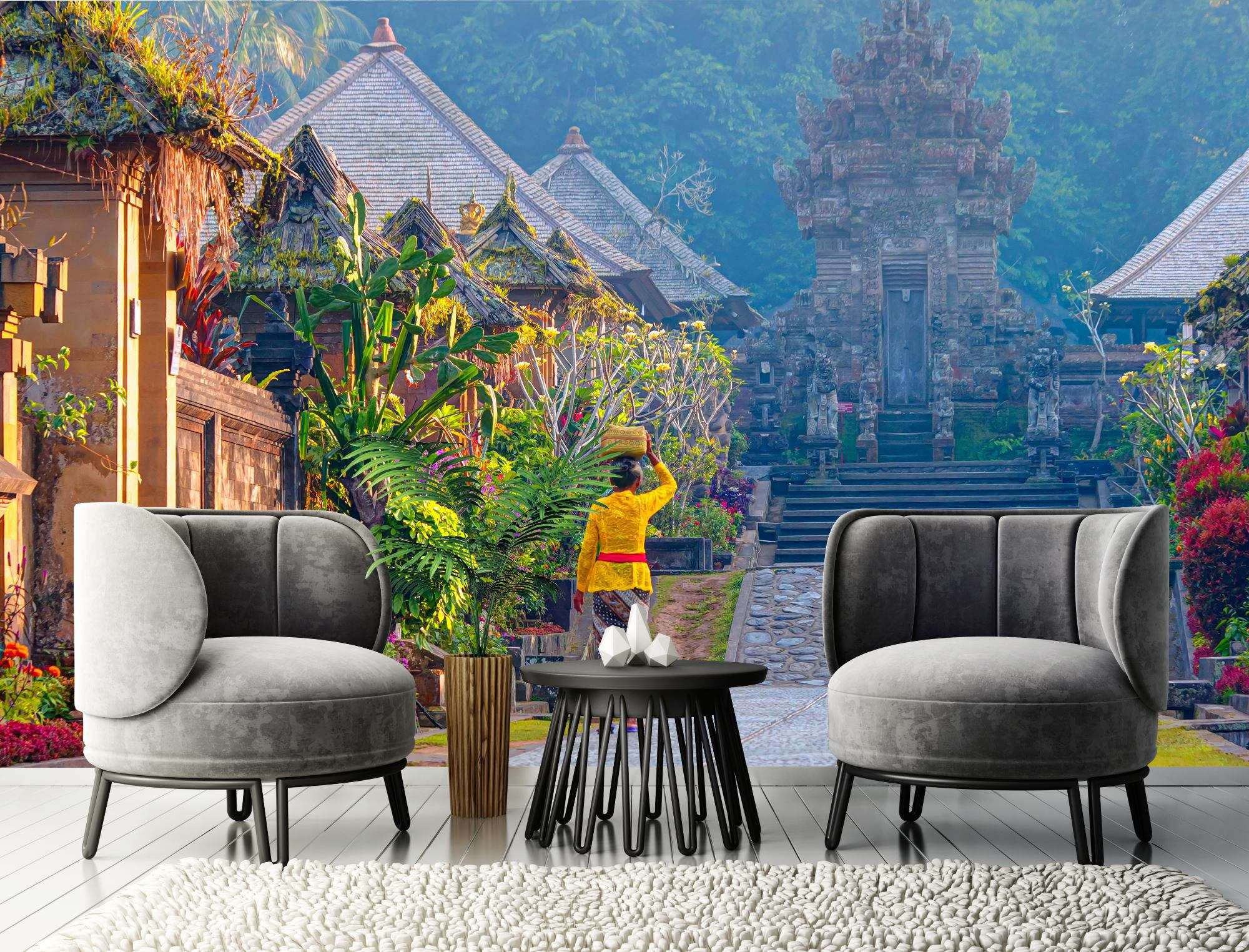 Fotobehang Balinees Dorp met Tempel en Traditionele Architectuur