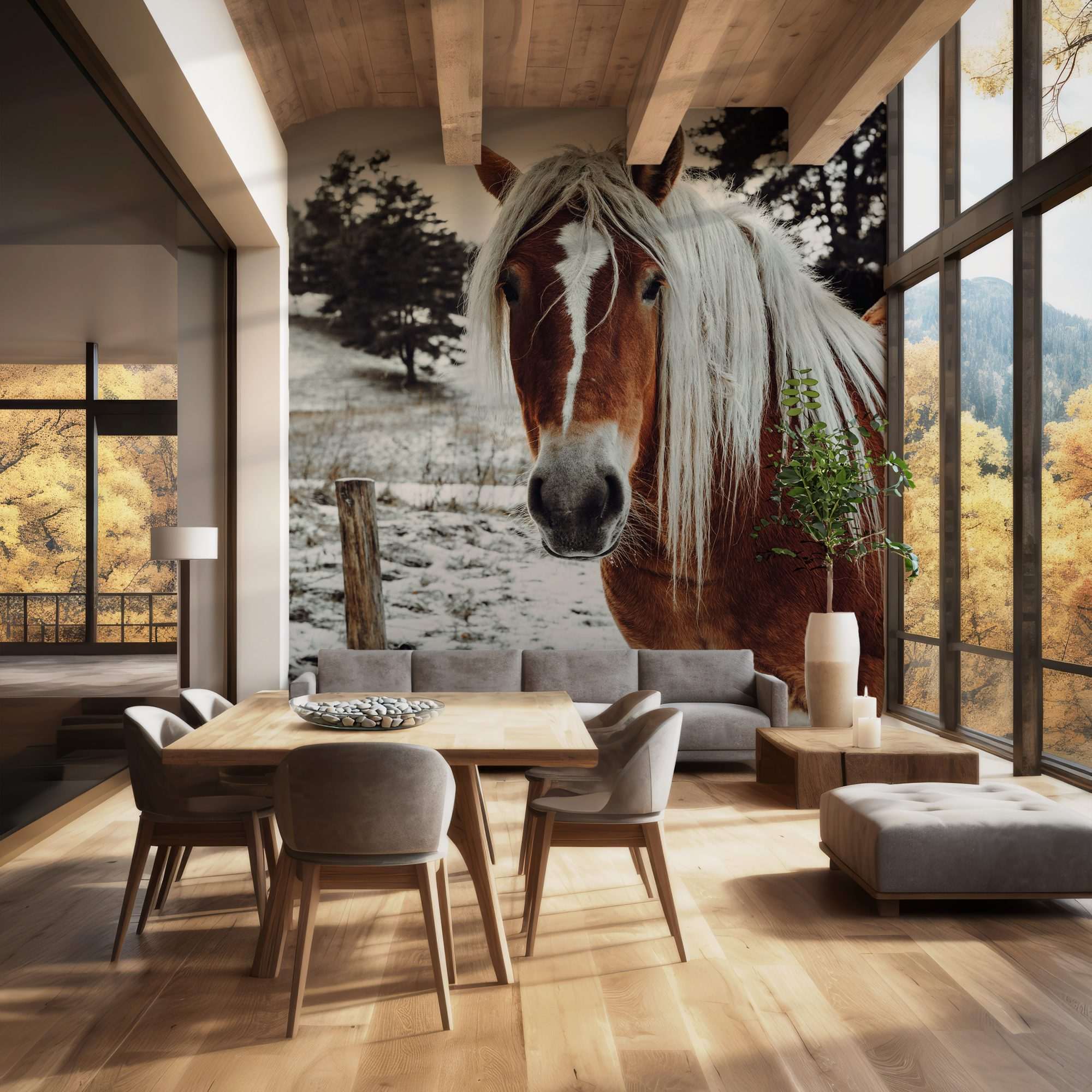 Fotobehang Bruin Paard in Winterse Setting