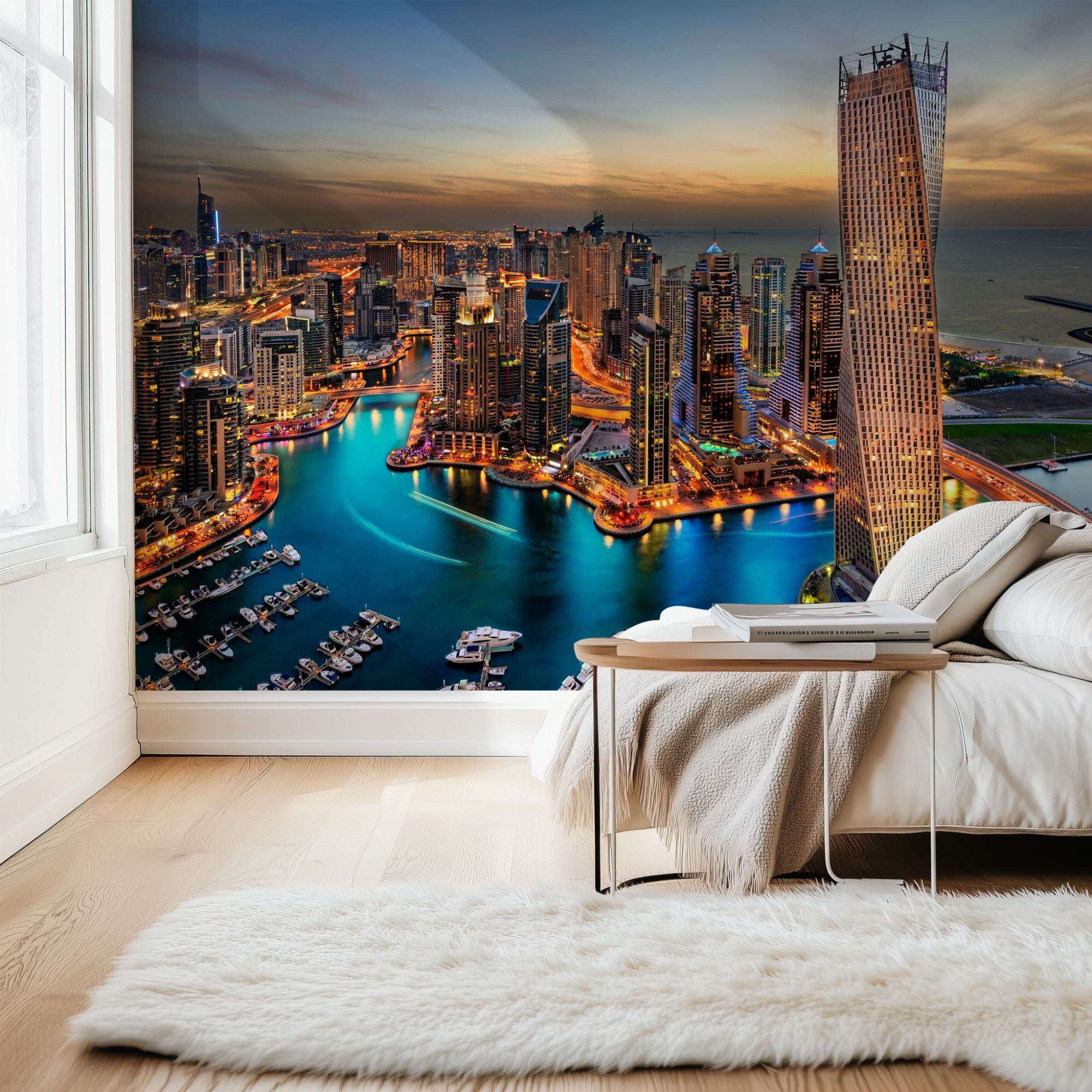 Fotobehang Dubai Marina bij Schemering met Skyline