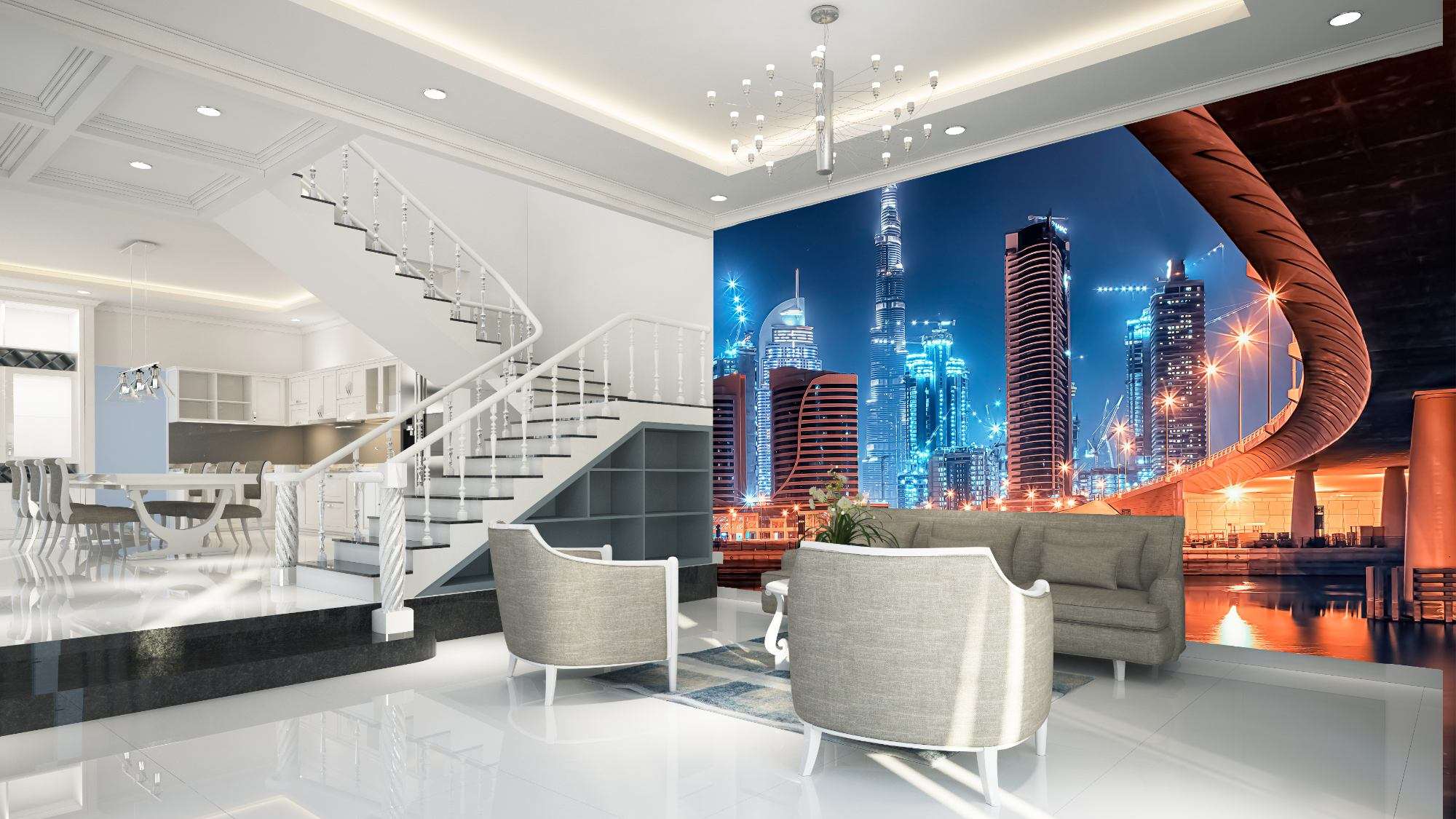 Fotobehang Dubai Nacht Skyline met Brug en Reflecties