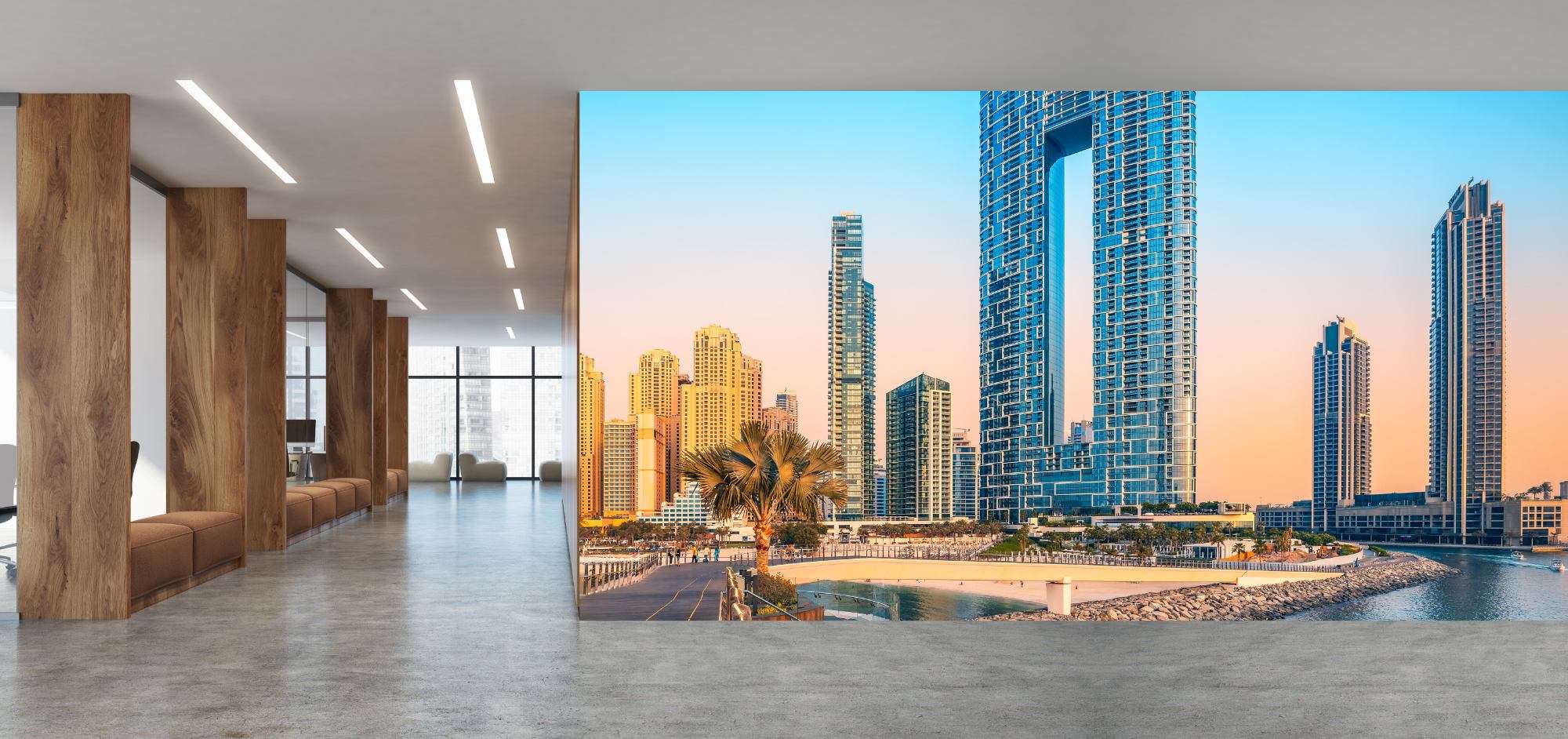 Fotobehang Dubai Skyline met Moderne Waterfront Architectuur