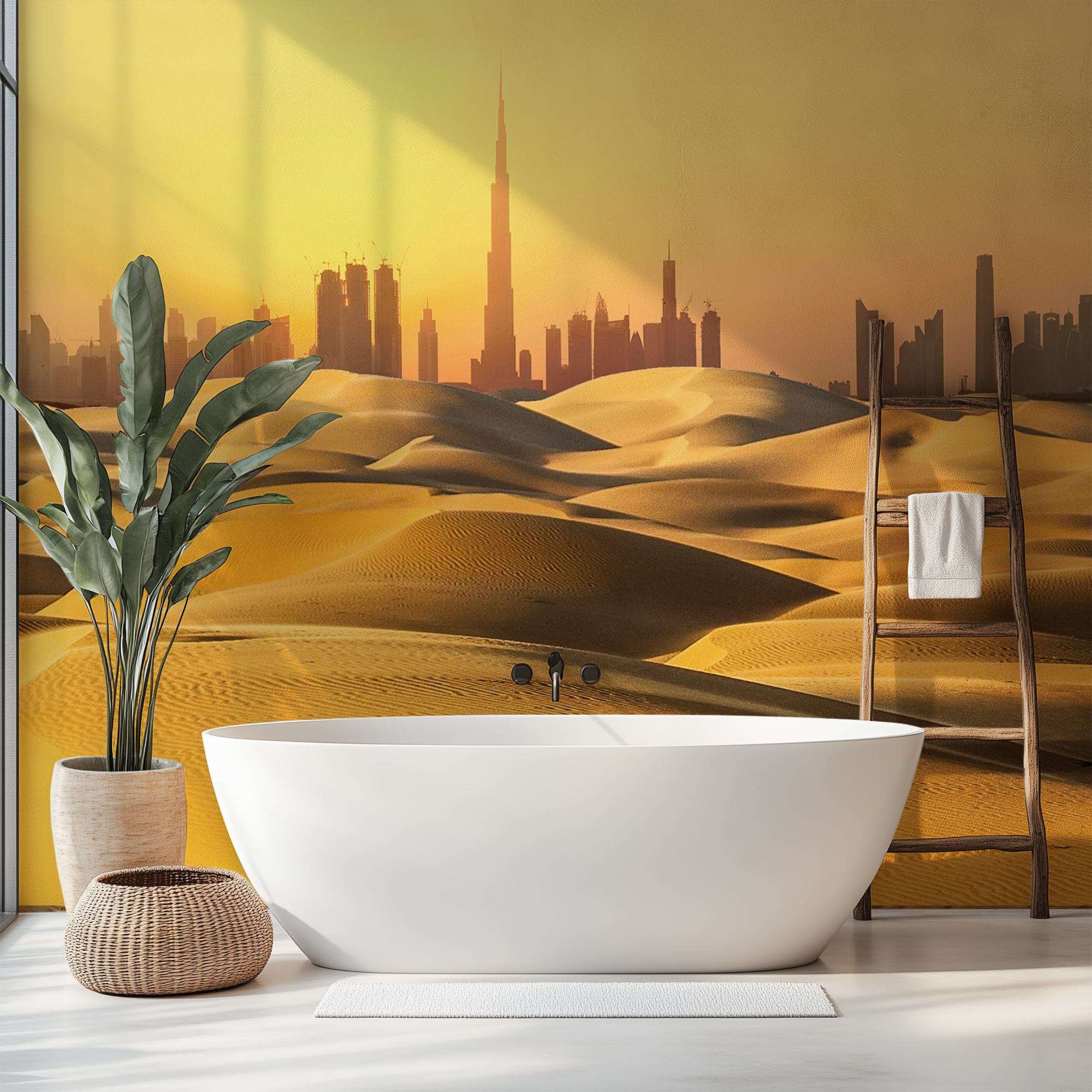 Fotobehang Dubai Woestijnduinen met Skyline