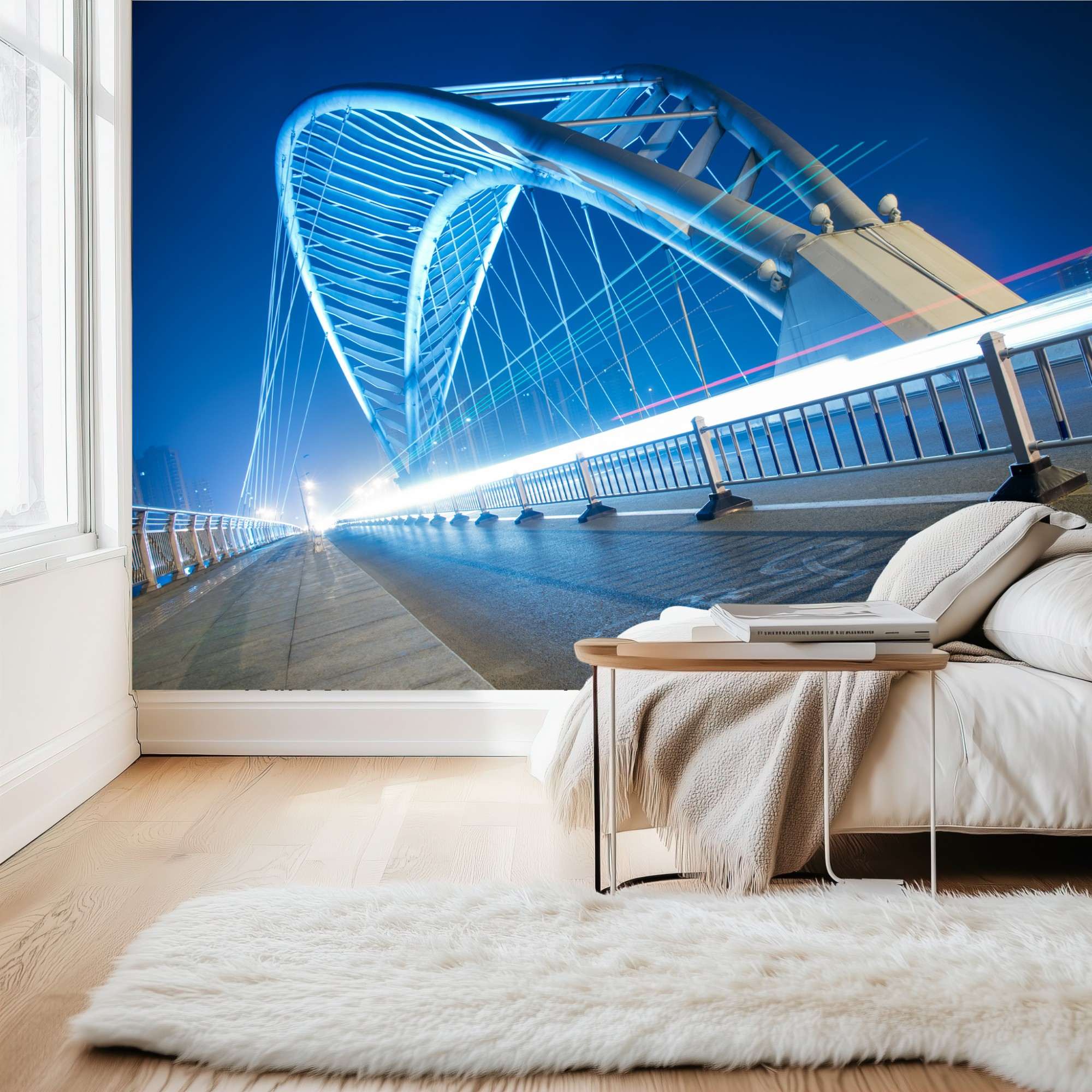 Fotobehang Futuristische Boogbrug met Blauwe Verlichting