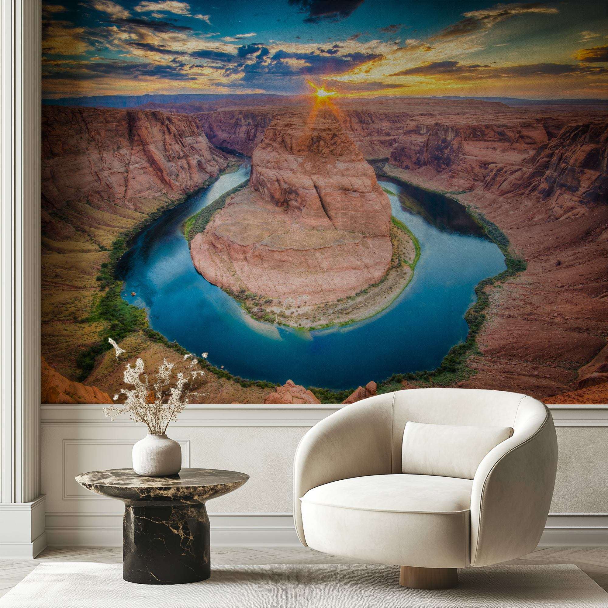 Fotobehang Horseshoe Bend met Rivier bij Zonsondergang