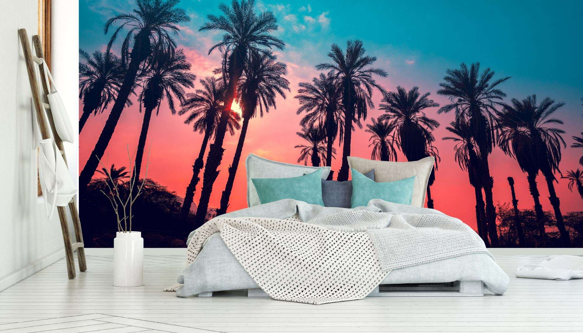 Fotobehang Palmbomen op Ibiza tijdens Zonsondergang