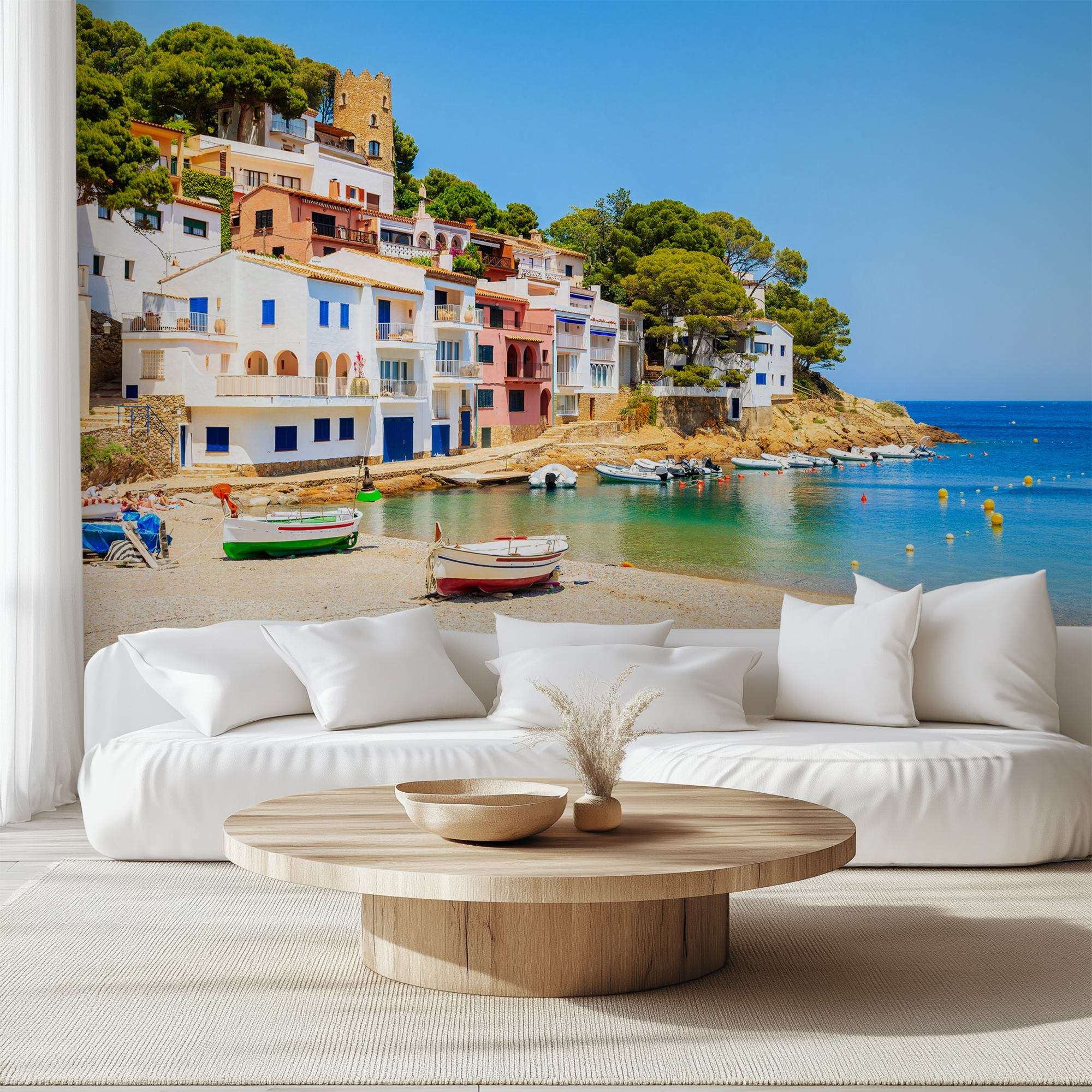 Fotobehang Strand op Ibiza met Kleurrijke Huizen