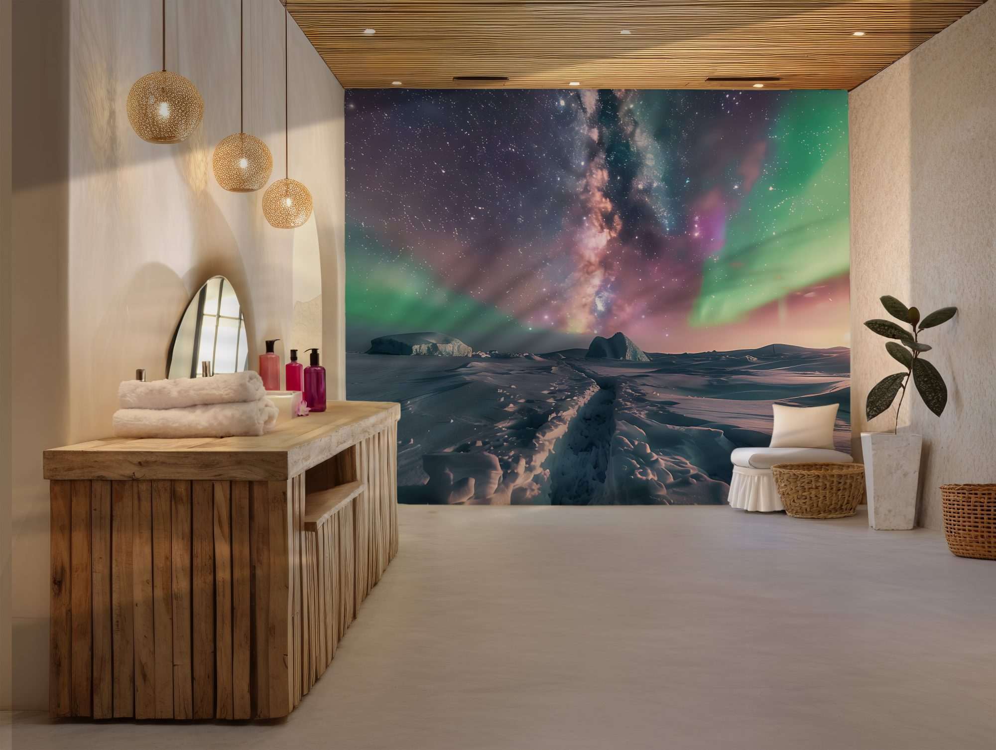 Fotobehang Noorderlicht boven Besneeuwd Poolpad
