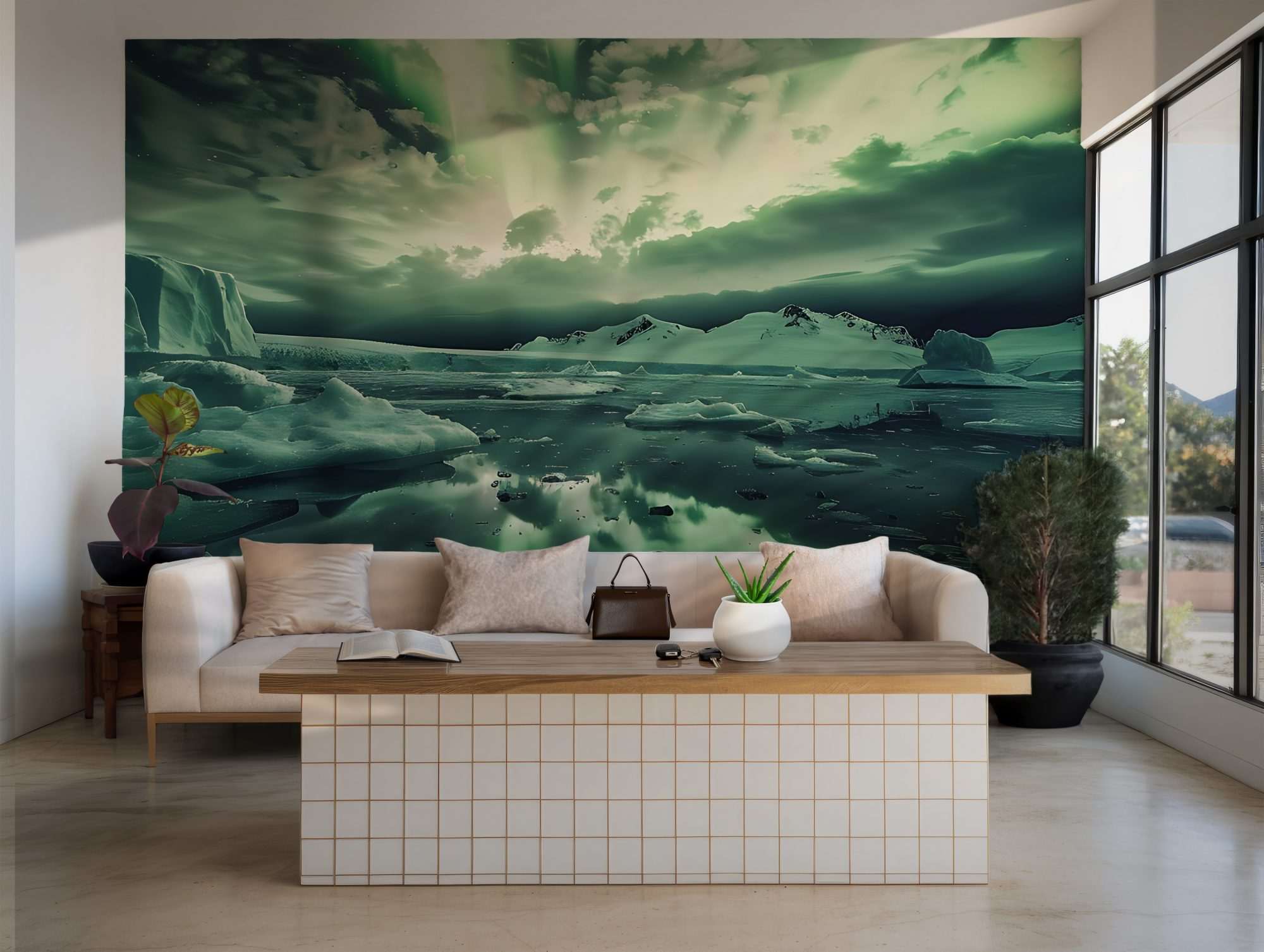 Fotobehang Noorderlicht boven Bevroren Poolzee met IJsschotsen