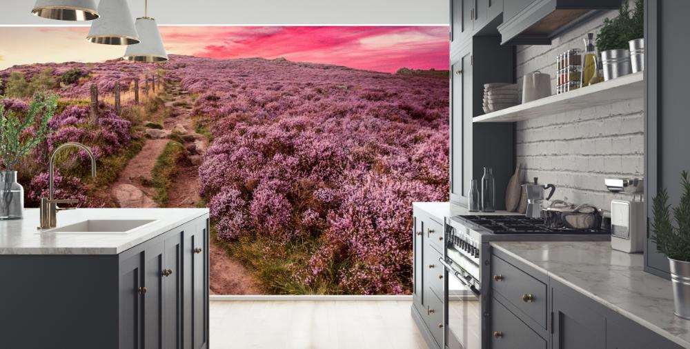 Fotobehang Lavendelveld bij Zonsondergang