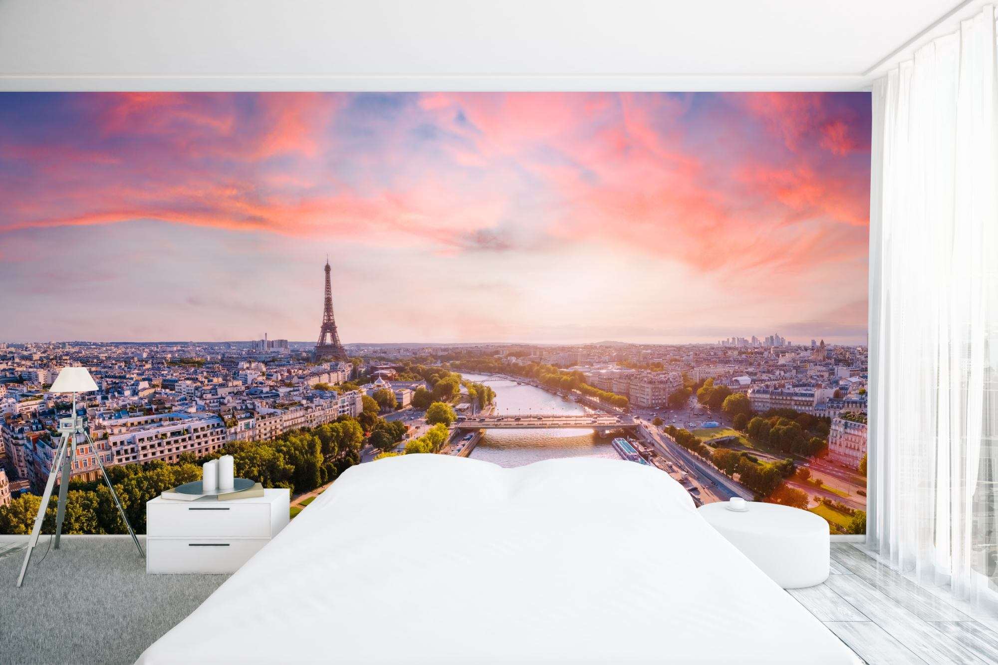 Fotobehang Panorama Parijs met Seine bij Zonsondergang