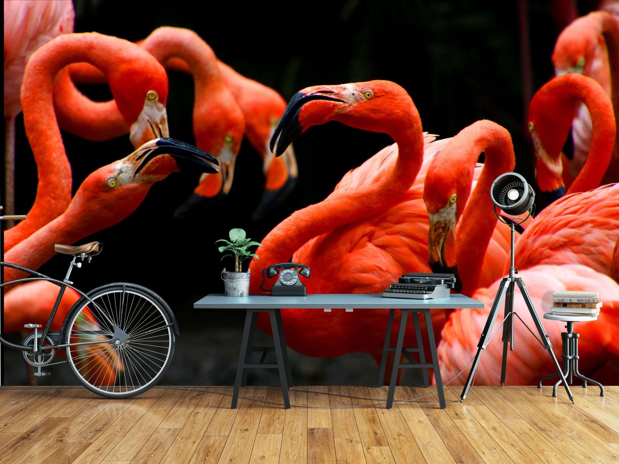 Fotobehang Rode Flamingo’s in Groep