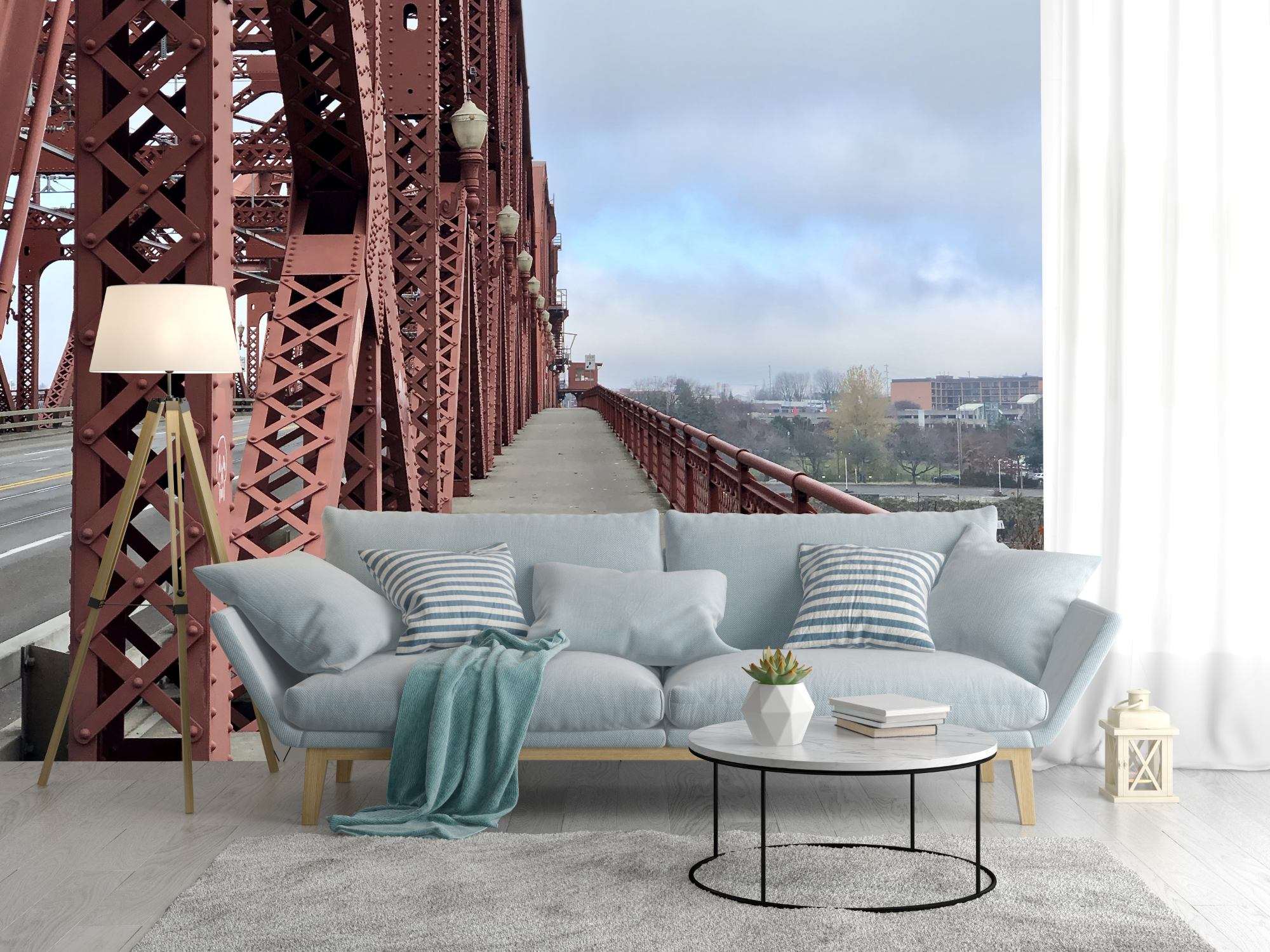 Fotobehang Rode Stalen Brug met Wandelpad