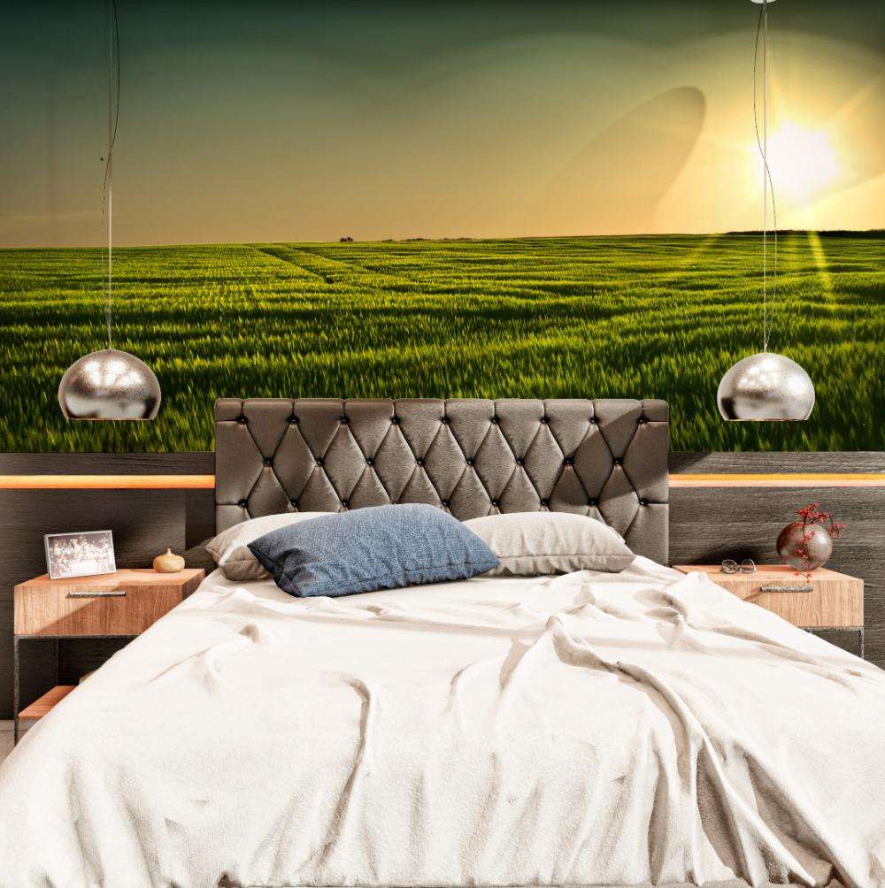 Fotobehang Bloemenveld bij Zonsondergang