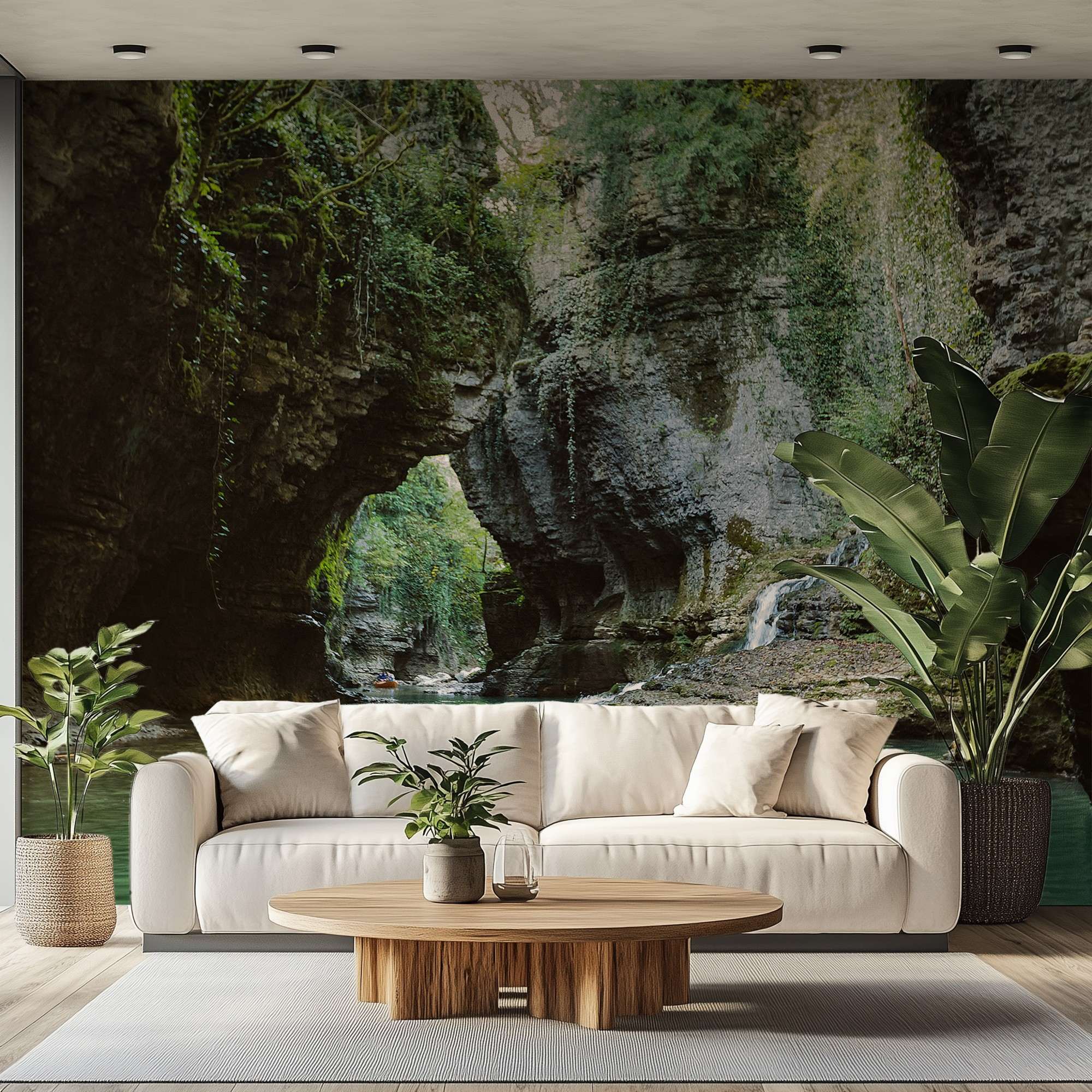 Fotobehang Smalle Kloof met Waterval en Groen