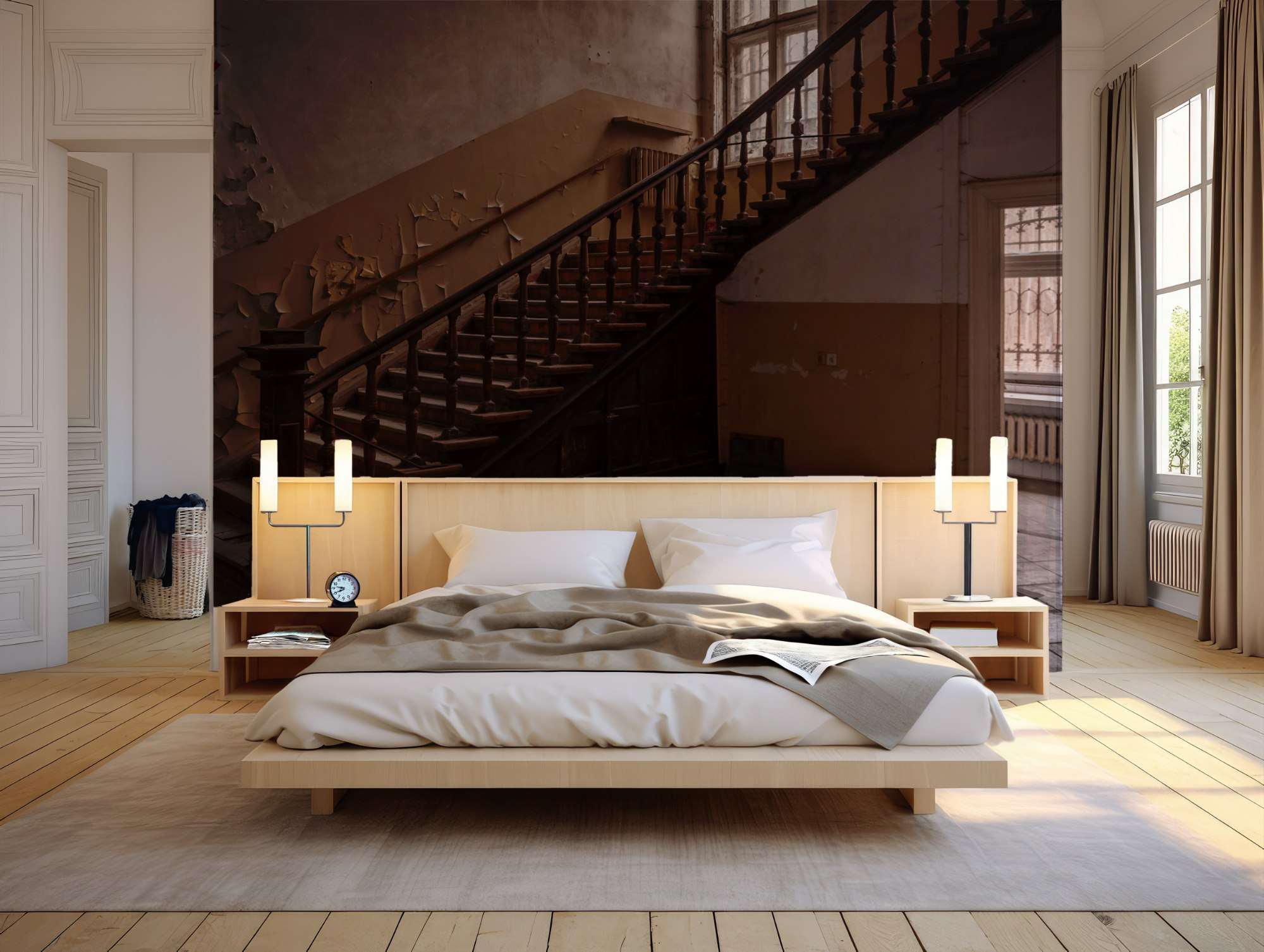 Fotobehang Verlaten Trap met Houten Leuning