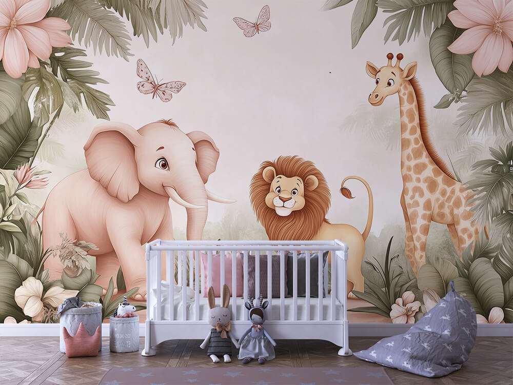Fotobehang Schattige Safari Dieren met Bloemen voor de Kinderkamer