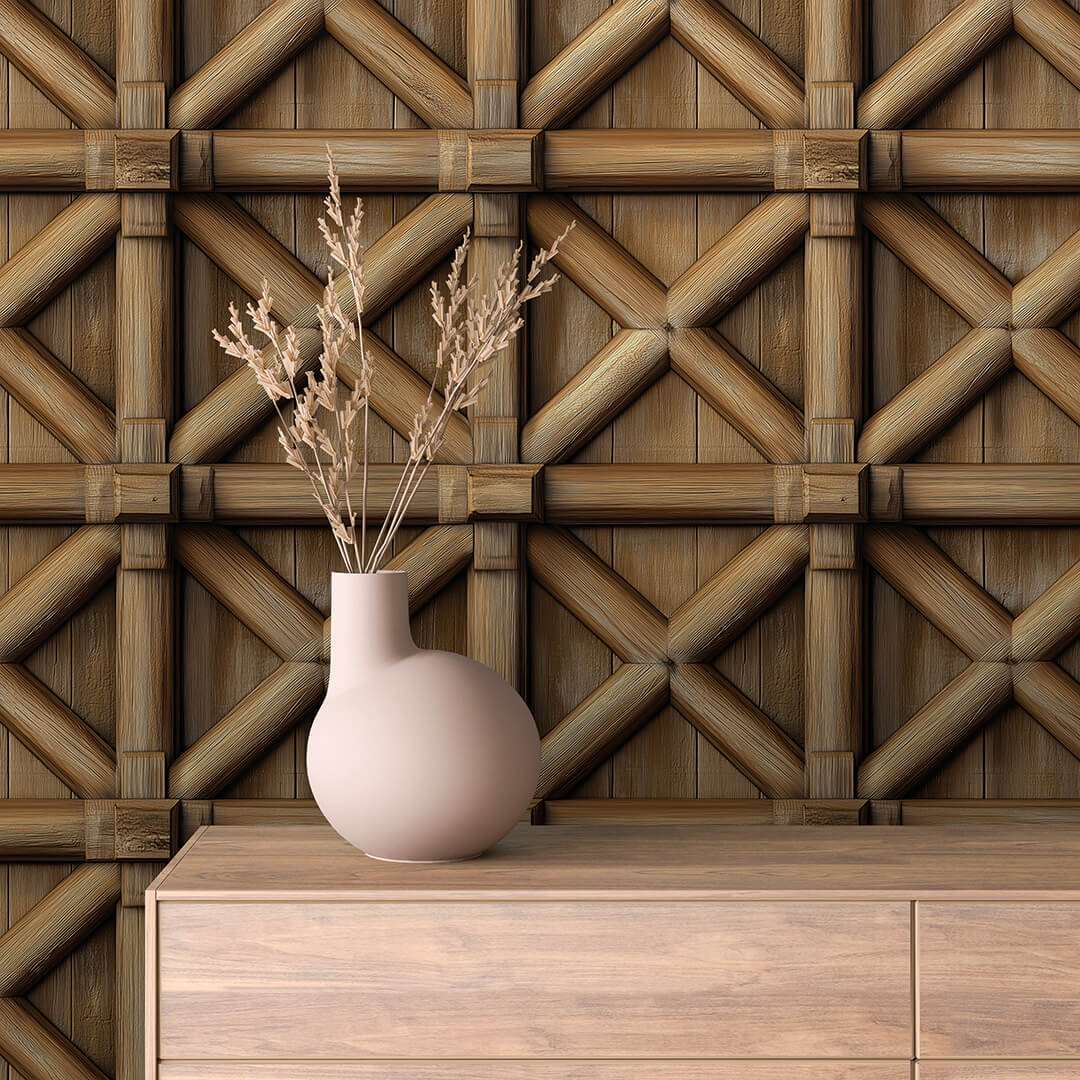 Fotobehang Bamboe Houtstructuur met Geometrisch Vlechtpatroon