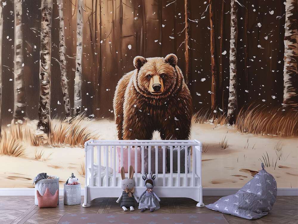 Fotobehang Beer in Winterbos voor de Kinderkamer
