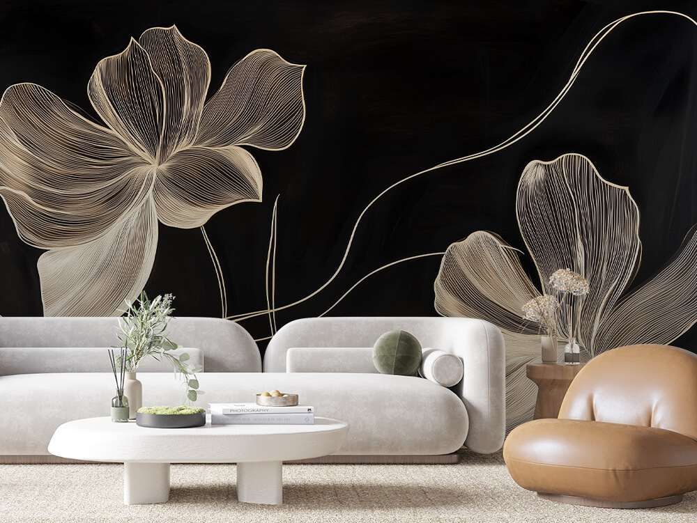 Fotobehang Beige Bloemen op Zwarte Achtergrond