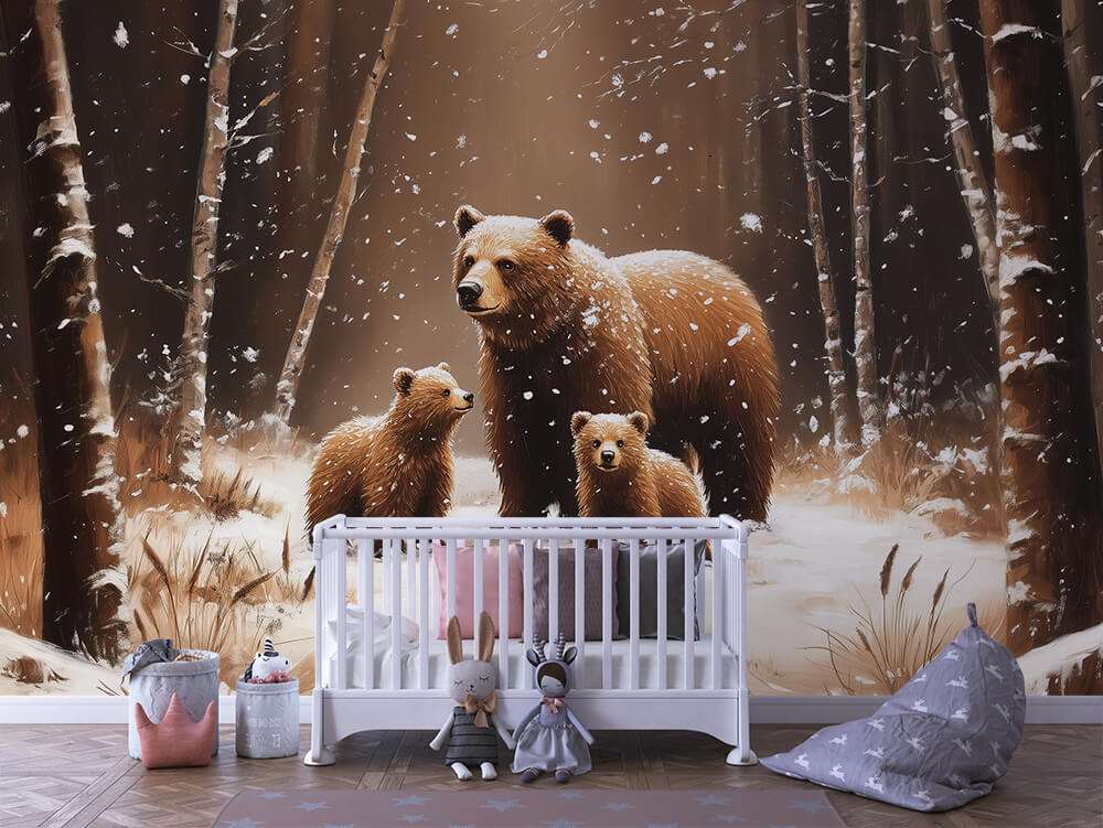 Fotobehang Berenfamilie in Winterbos voor de Kinderkamer