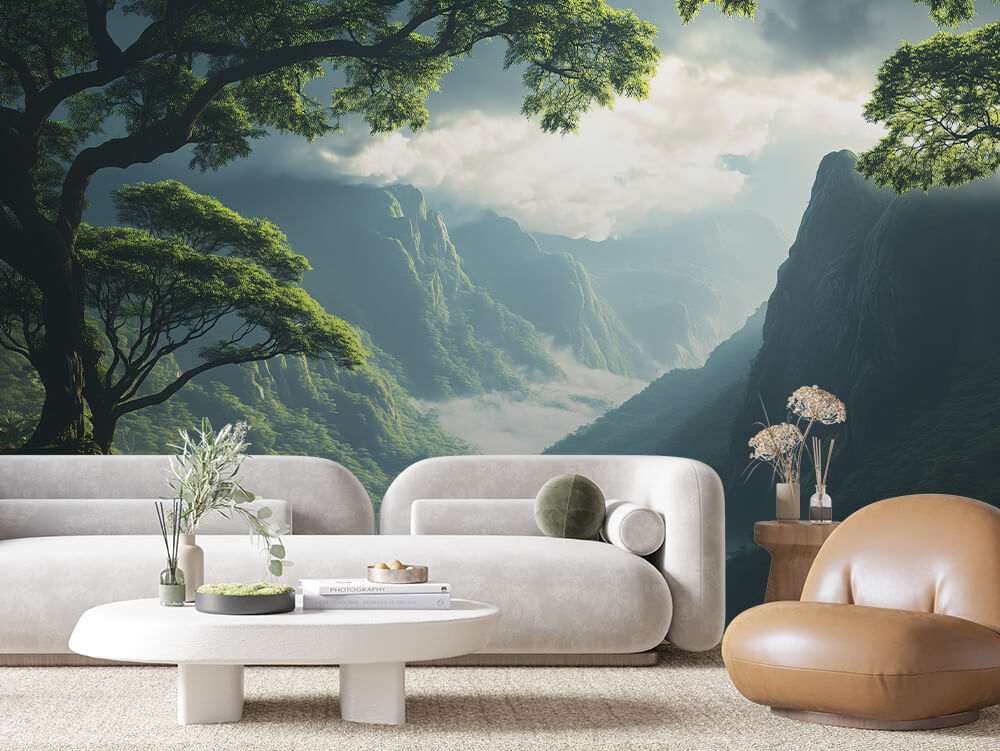 Fotobehang Bergvallei met Waterval
