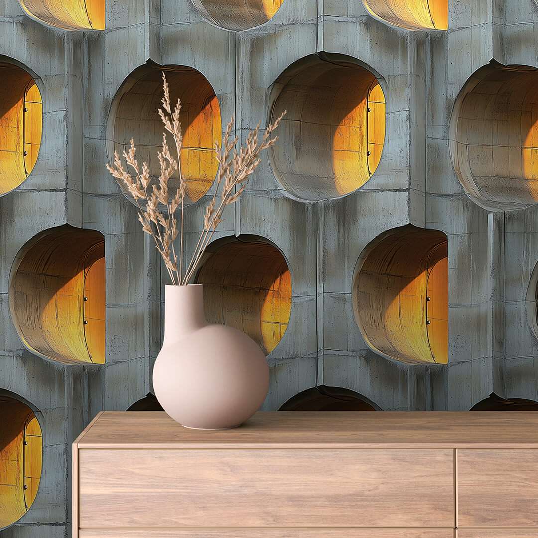 Fotobehang Betonwand met Ronde Architectonische Nissen