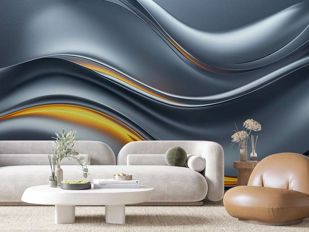 Fotobehang Blauw Gouden Abstracte Golven