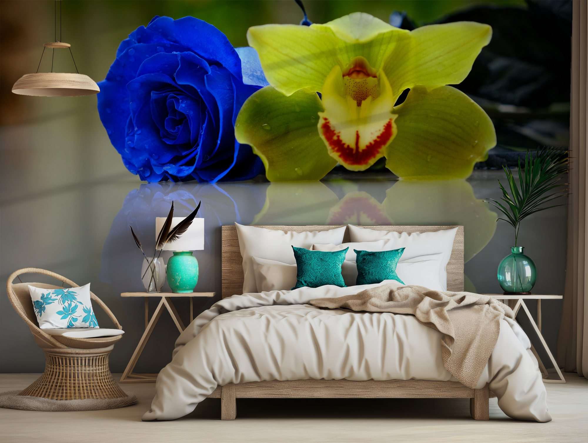 Fotobehang Blauwe Roos en Gele Orchidee in Harmonie