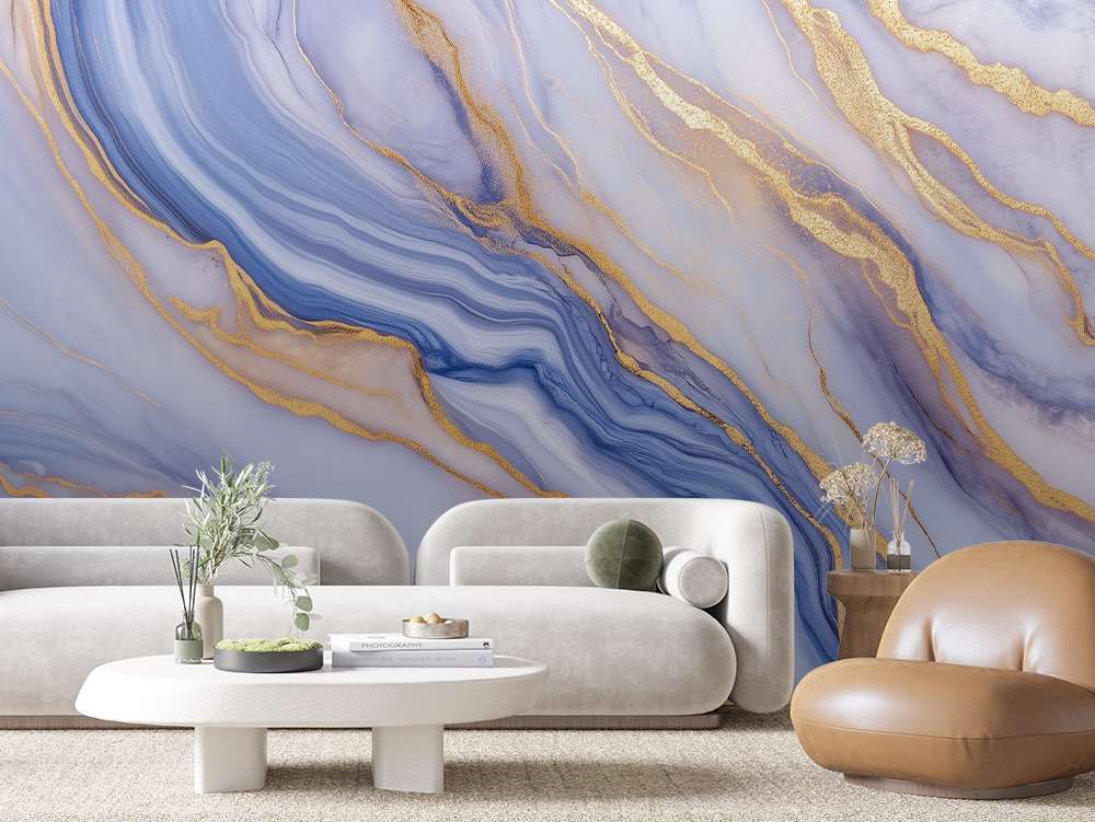 Fotobehang Blauw Marmer met Gouden Aders