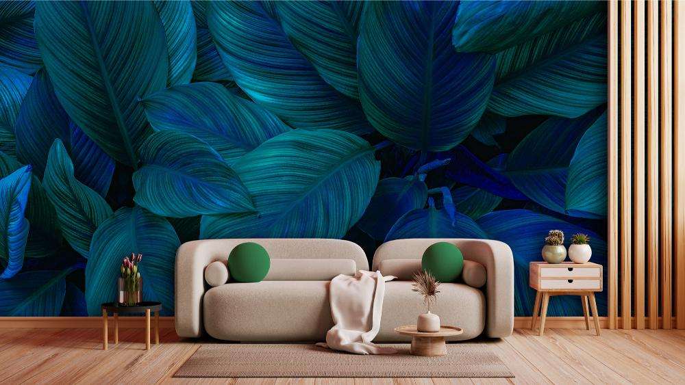 Fotobehang Blauwgroene Tropische Bladeren met Diepte