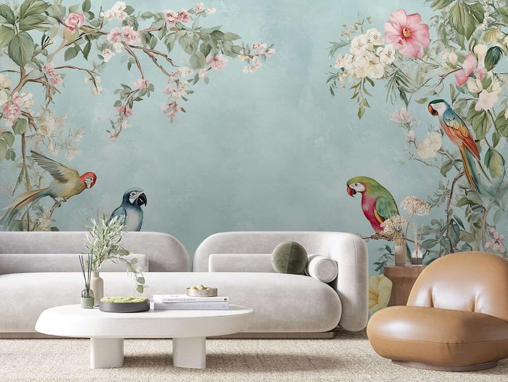 Fotobehang Bloemen en Vogels op Zachtgroene Achtergrond