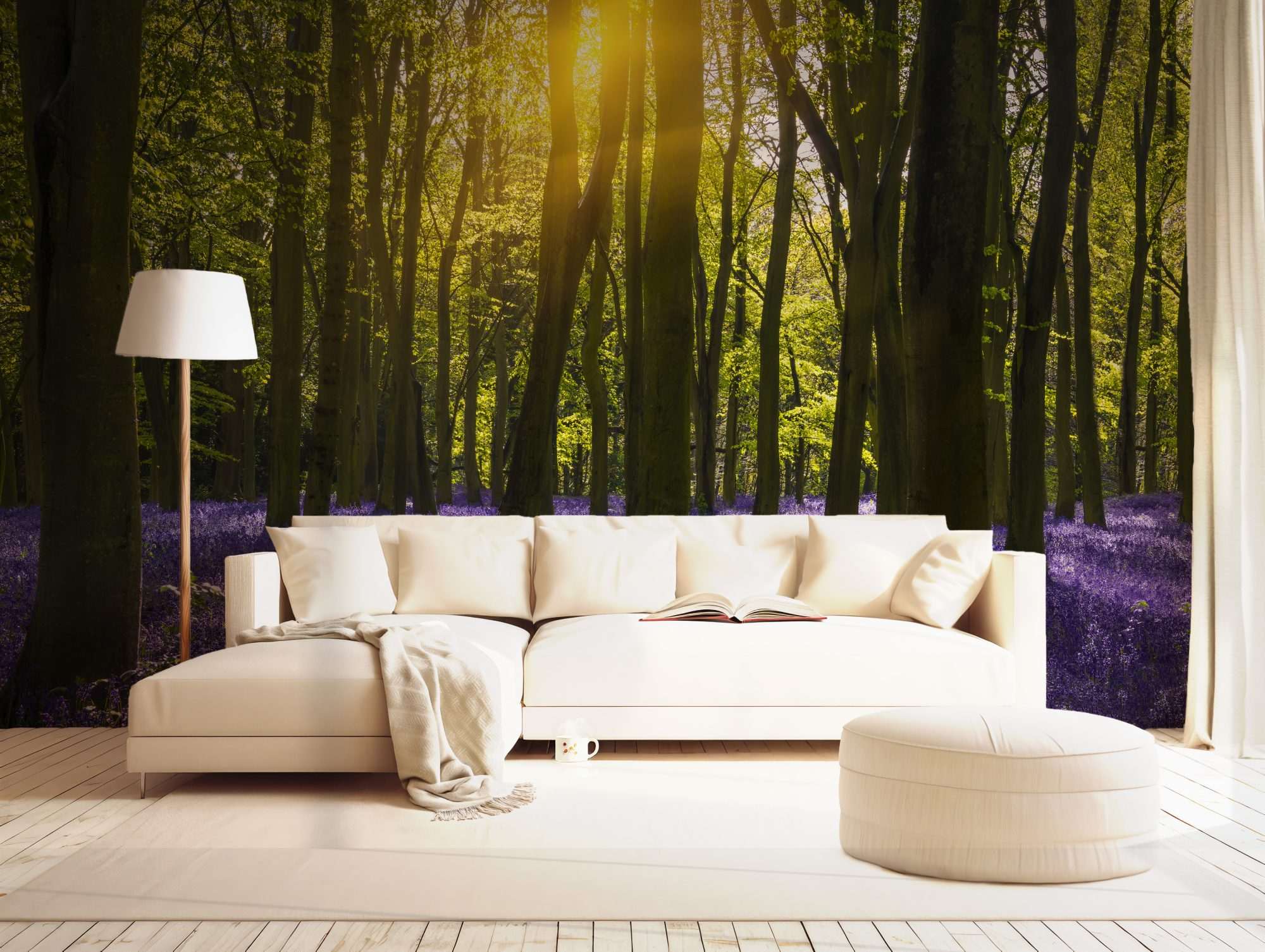 Fotobehang Bos met Paarse Bloemen en Zonlicht