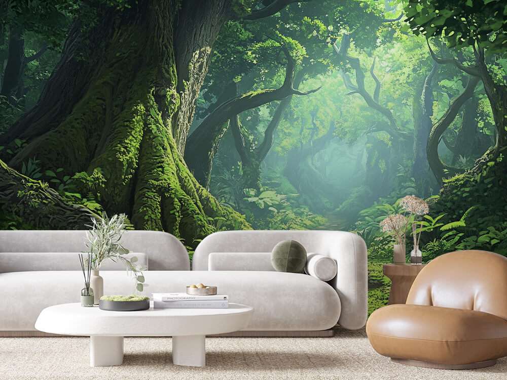Fotobehang Bospaadje met Gebogen Bomen en Licht