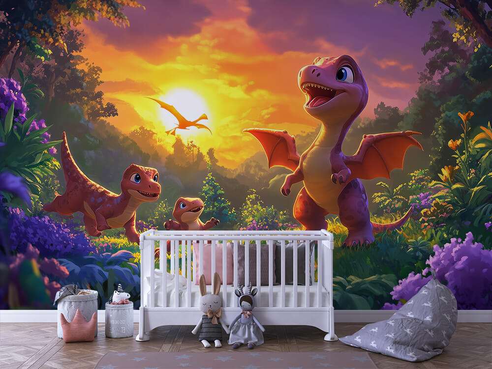 Fotobehang Vrolijke Dinosaurusfamilie bij Zonsondergang