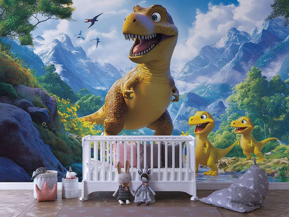 Fotobehang Vrolijke Dinosaurusfamilie bij Berglandschap