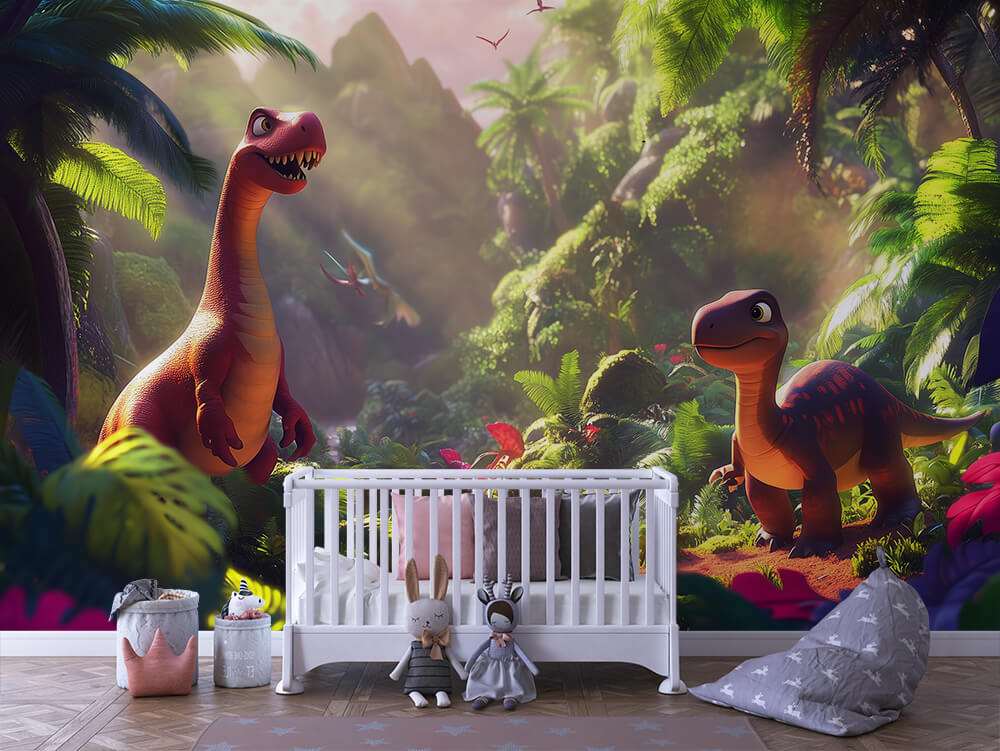 Fotobehang Vriendelijke Dinosaurussen in Tropische Jungle