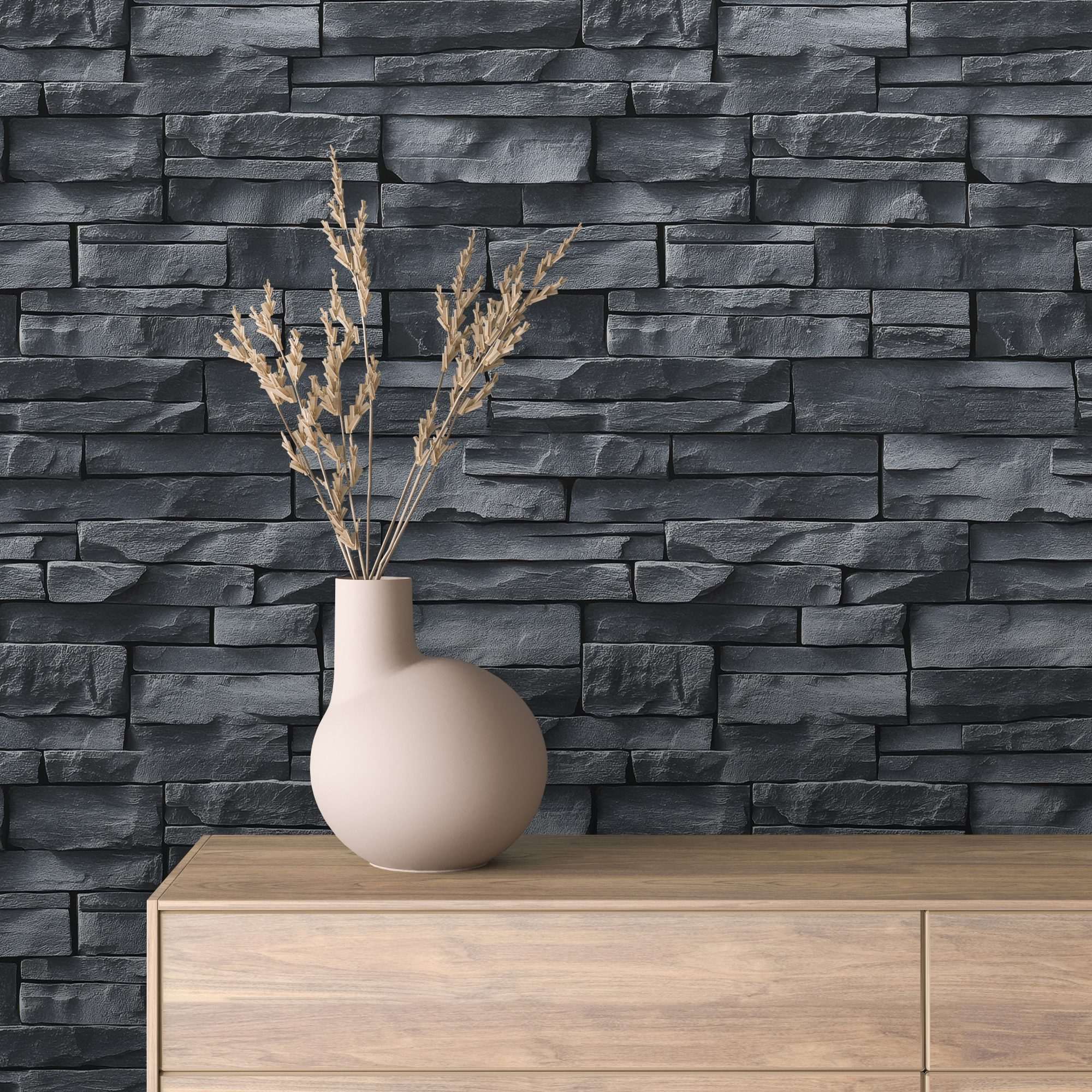 Fotobehang Donkere Natuurstenen Muur met Horizontale Lagen
