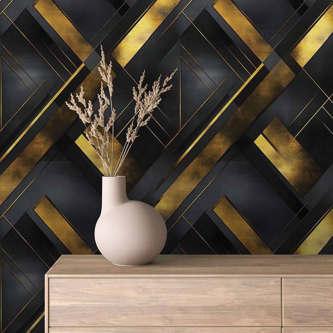 Fotobehang Geometrisch Goud Zwart Kruispatroon