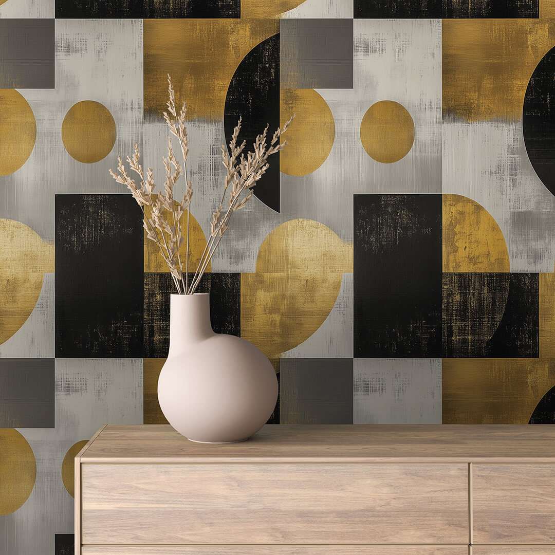 Fotobehang Geometrische Cirkels en Blokken Goud Zwart
