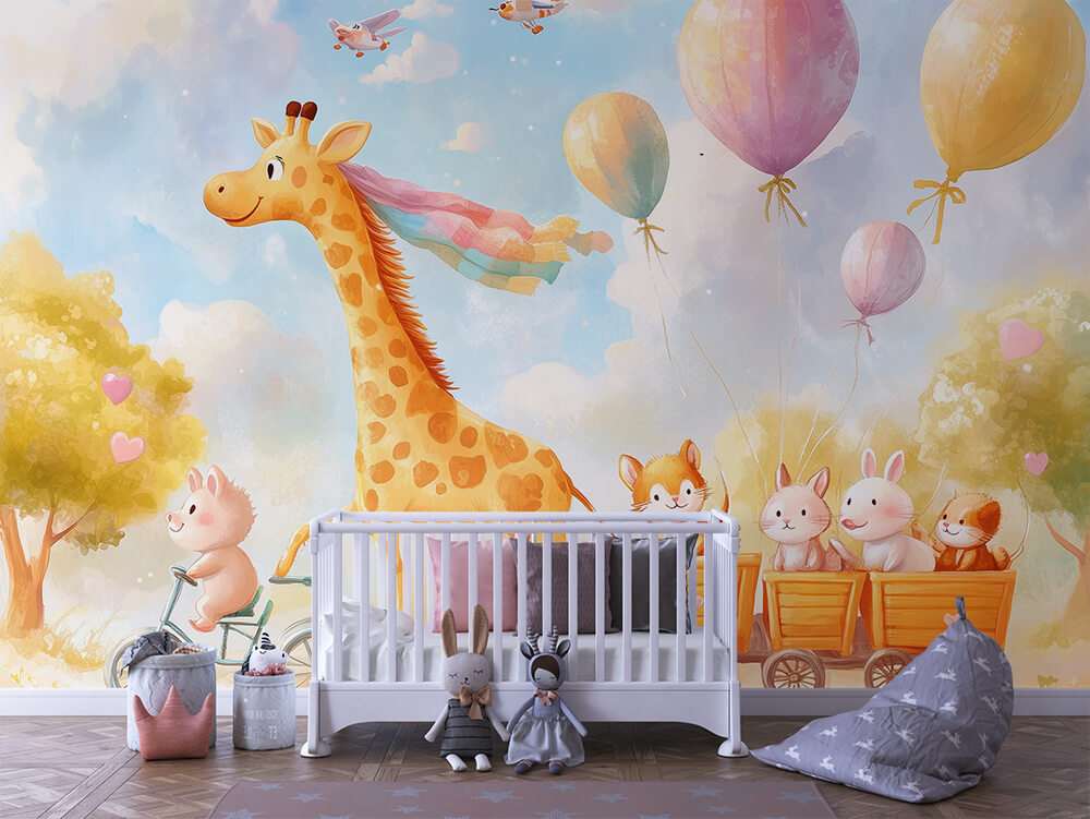 Fotobehang Vrolijke Giraffe met Dierentrein en Ballonnen
