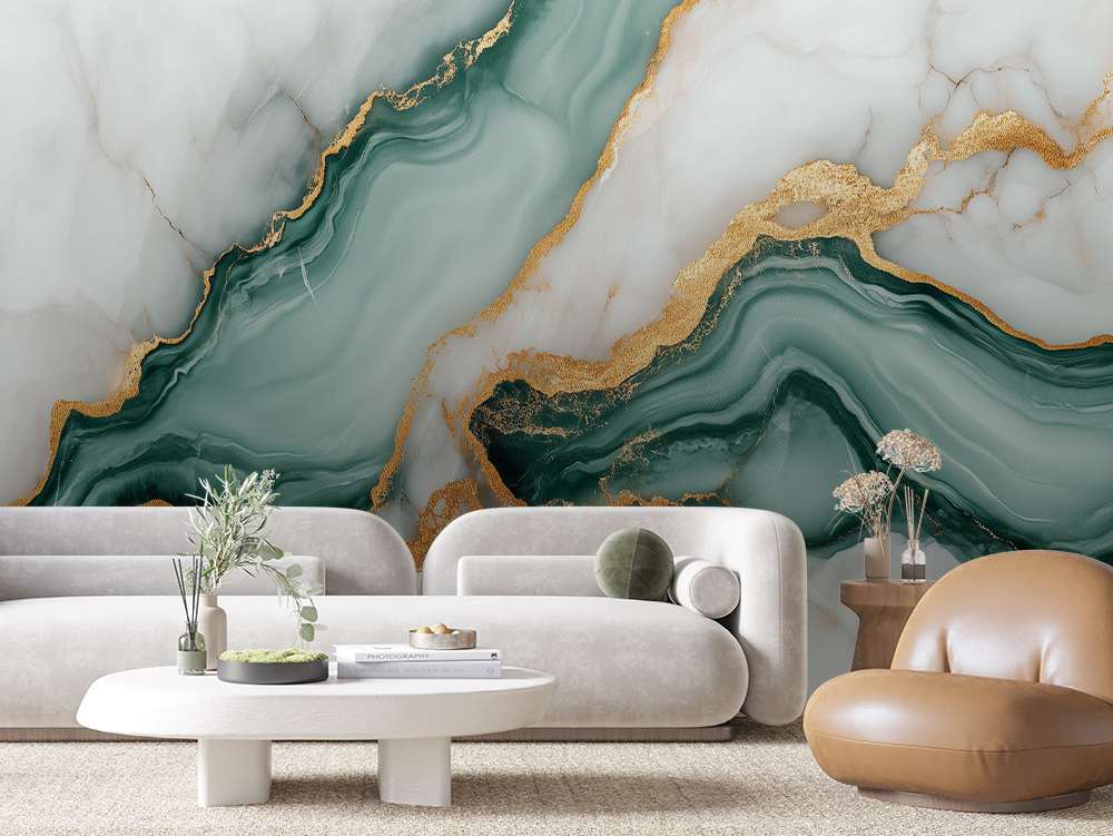 Fotobehang Groen Marmer met Gouden Lijnen