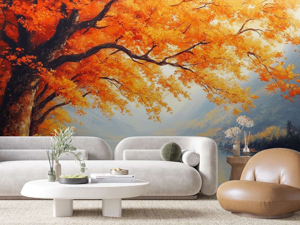 Fotobehang Herfstboom aan Bergmeer met Besneeuwde Bergen