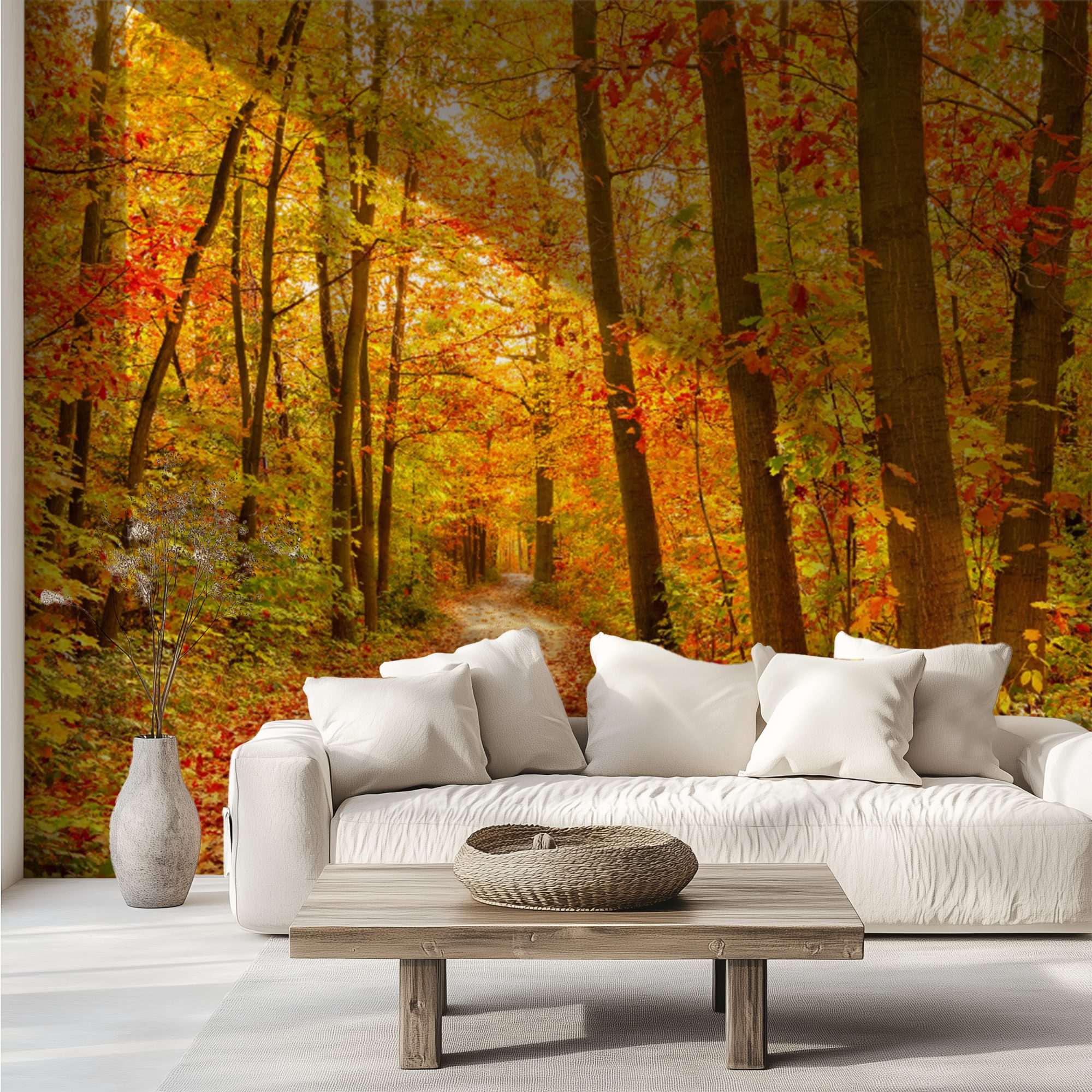 Fotobehang Herfstbos met Oranje Bladeren en Bospad