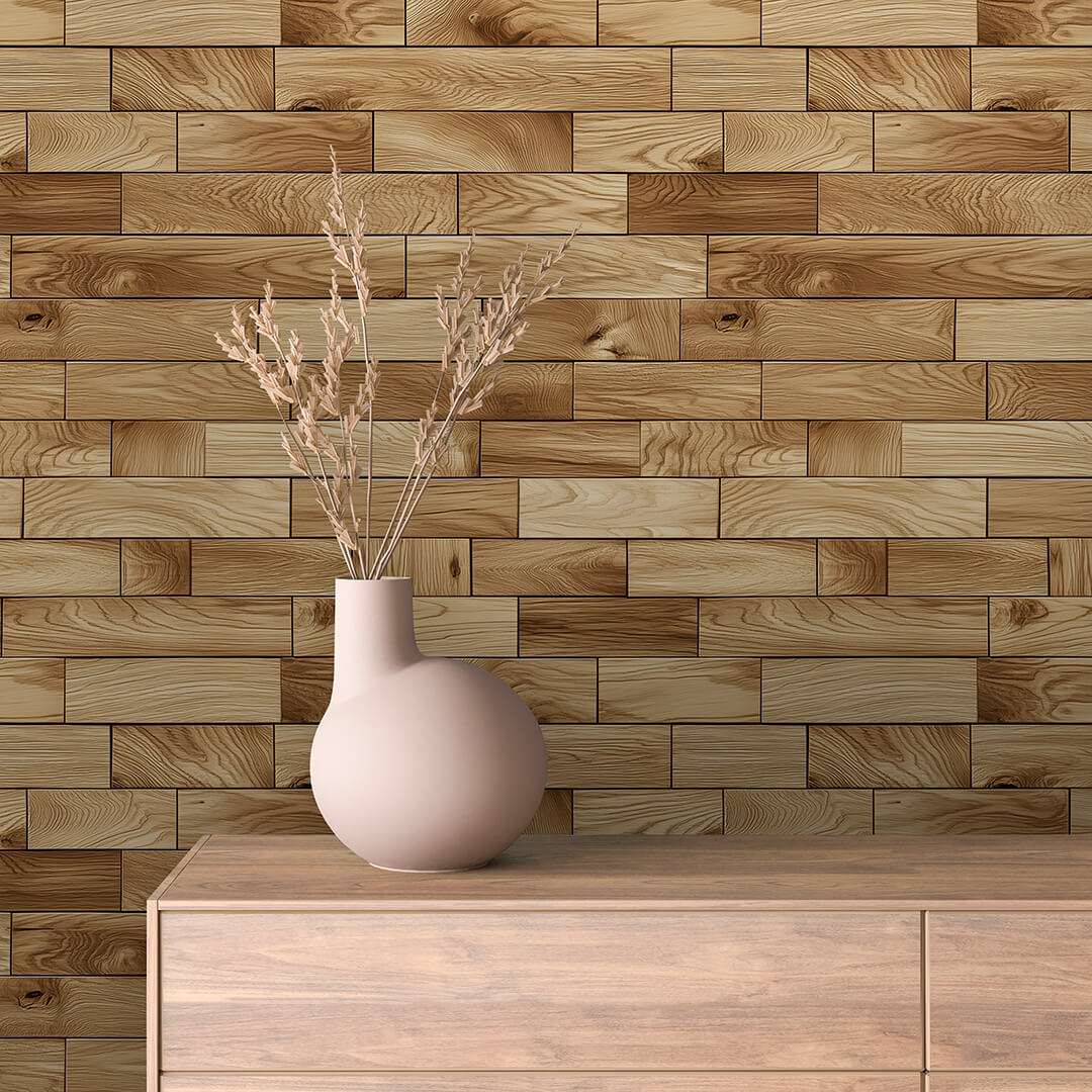 Fotobehang Houten Blokpanelen met Natuurlijke Houtstructuur