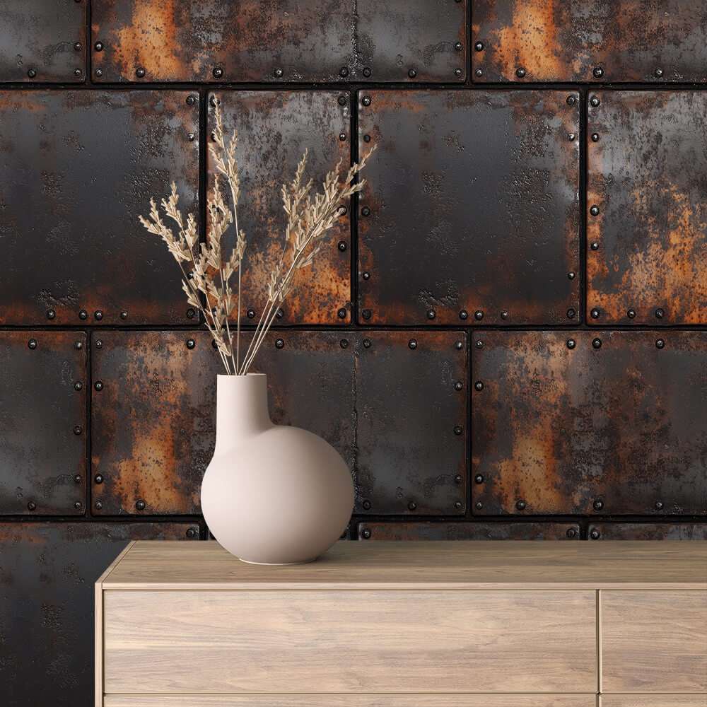 Fotobehang Industriële Metalen Tegels met Roestaccenten