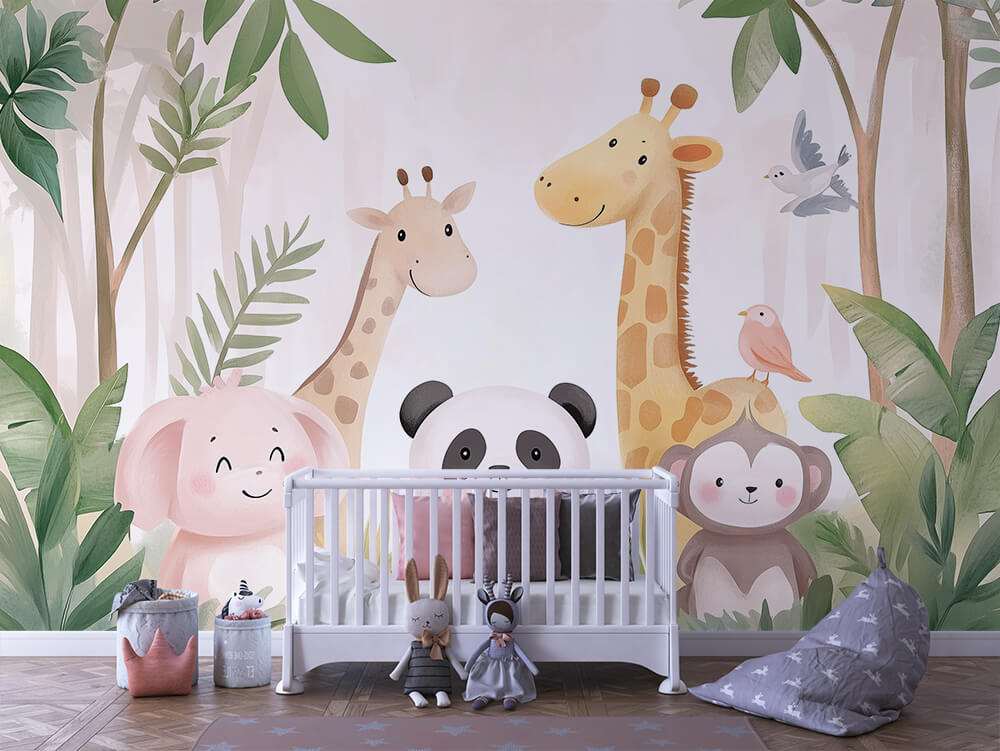 Fotobehang Schattige Jungledieren met Panda voor de Kinderkamer
